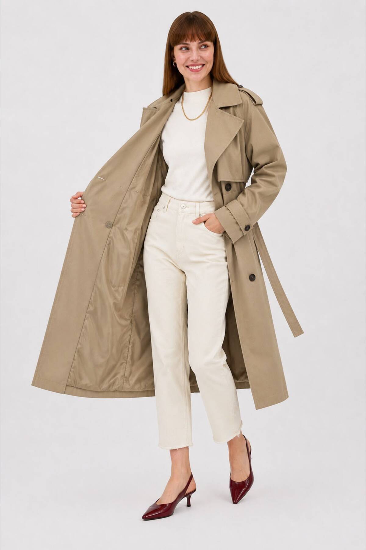 RESSHO Kadın Kemerli Uzun Trençkot, Su Geçirmez, Astarlı, Oversize Model görsel 2