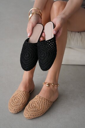 selin shoes Marevia Örgü Detay İç Astarlı Düz Taban Kadın Terlik- SİYAH