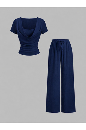 WEEST MODA lacivert ŞAL yaka kısa kollu crop geniş paça alt üst takım
