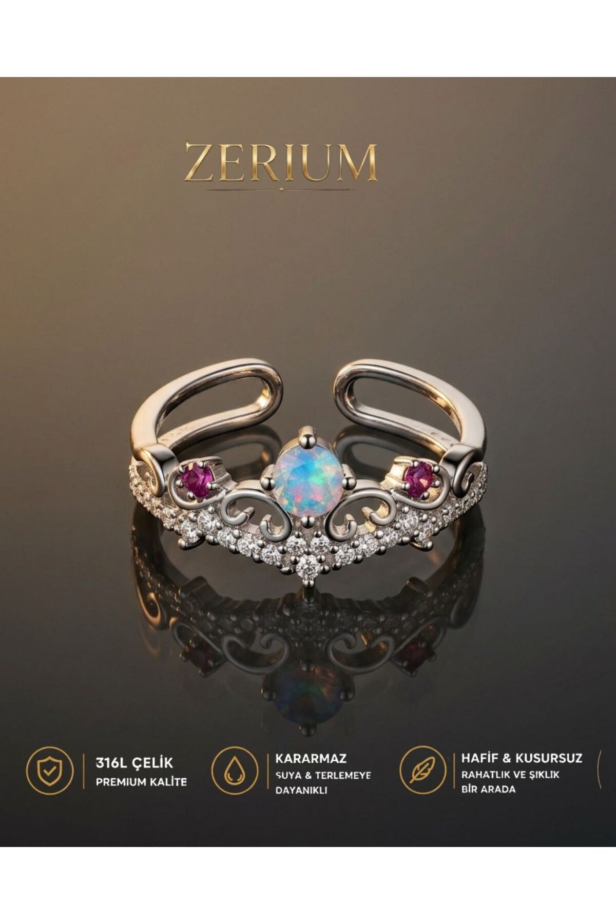 Women's Adjustable Steel Ring with Mystic Gemstone Princess Crown Figure