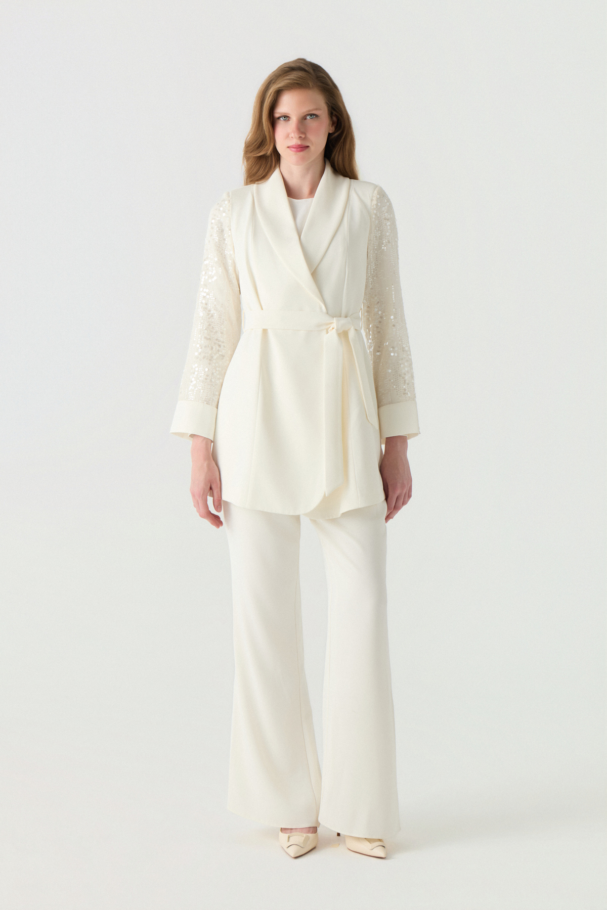 Zühre Shawl Collar Belted Sparkling Sleeve Detail Ecru Suit 1778