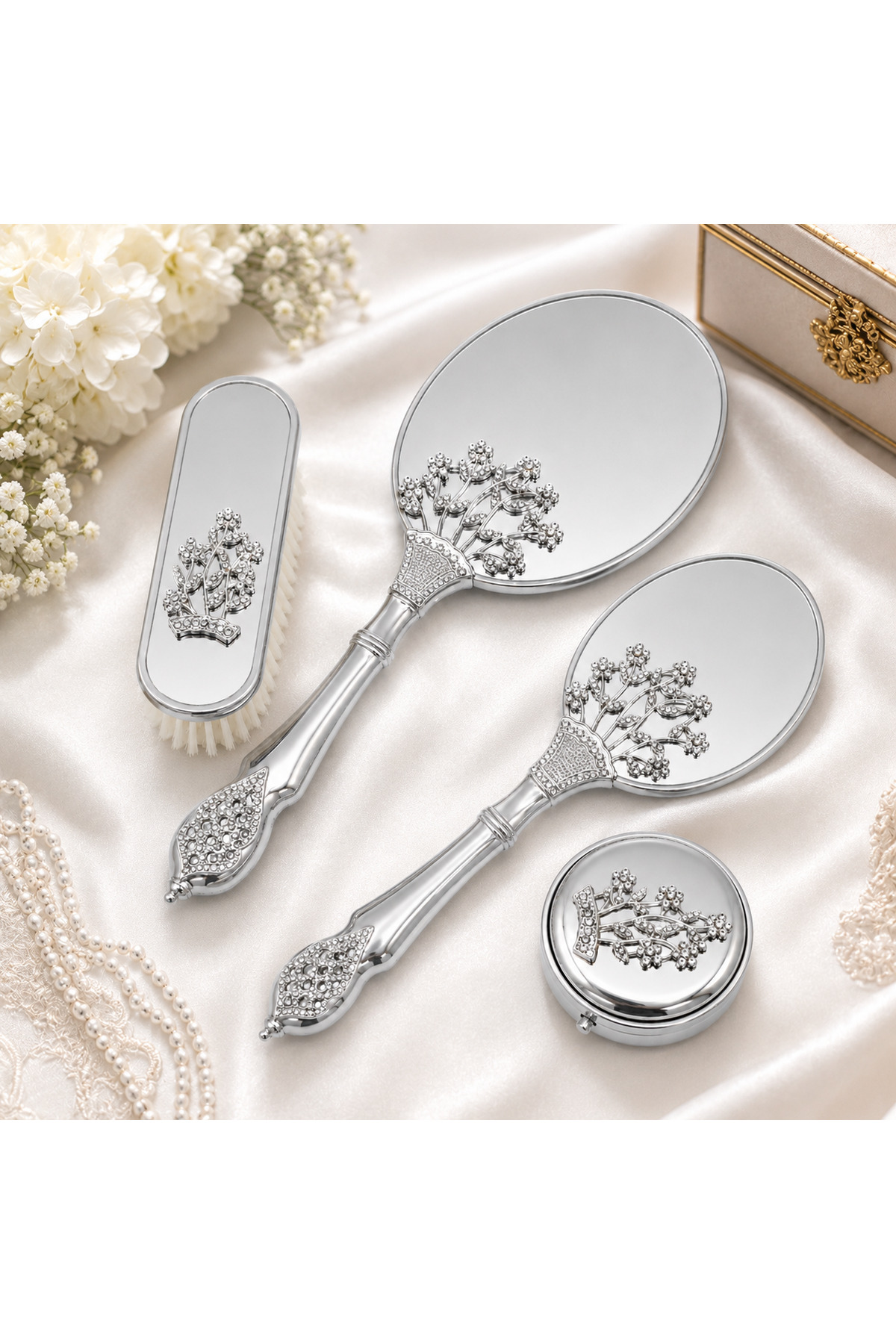 Silver Luxury Gelin Seti Taş Detaylı Ayna Tarak Fırça Takımı Özel Hediye Kutulu