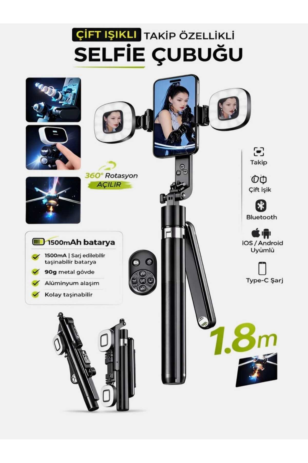 Dual-Light Selfie Stick Tripod 1.8 Meter Bluetooth Operated Gimbal Phone Stand with AI Face Tracking