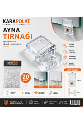 KARAPOLAT 20 adet Şeffaf Plastik Ayna Tırnağı - Cam Tutucu Tırnak - Duvara Ay...
