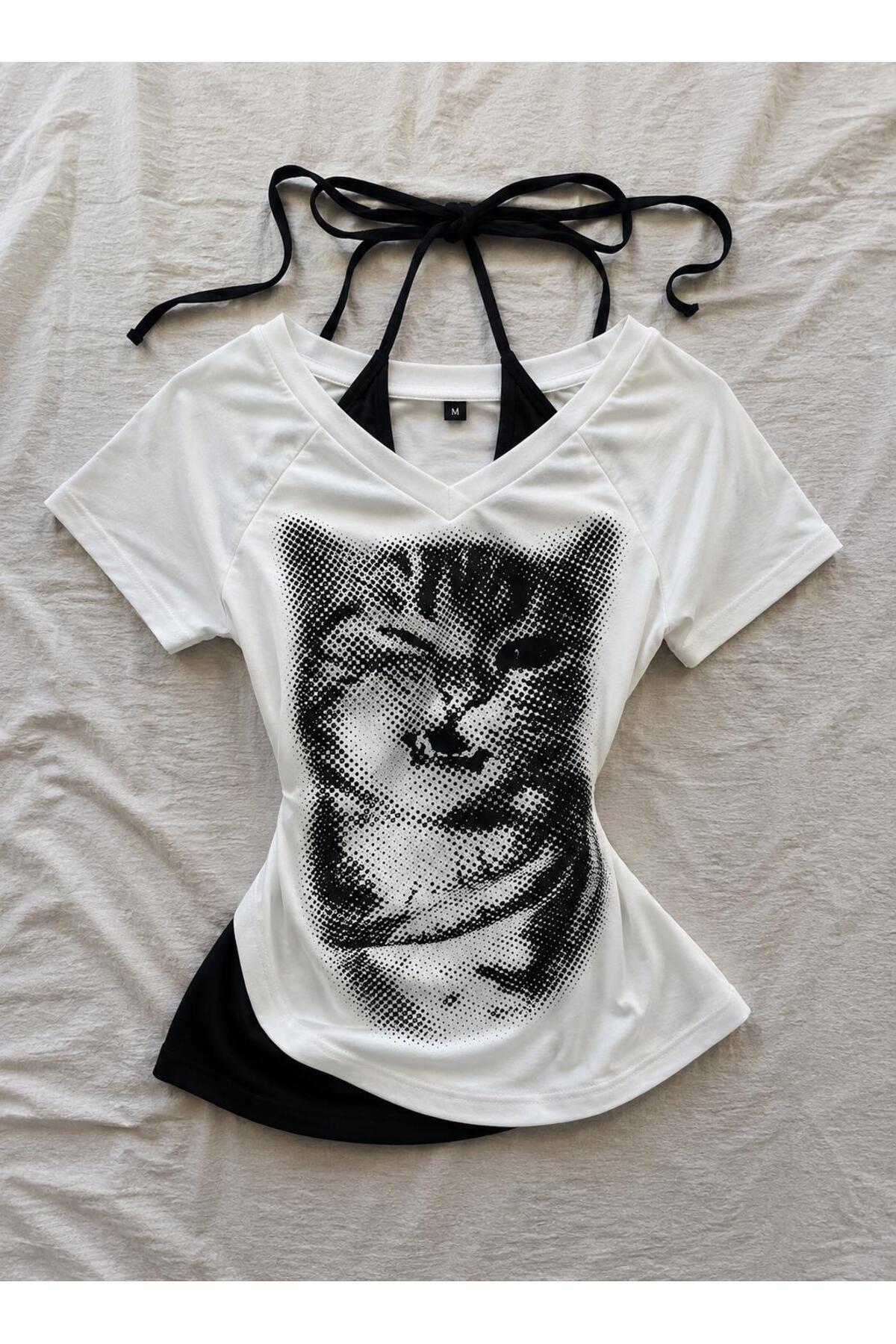 weywot Beyaz Baby Cat Gotik Y2K Kısa Kollu Crop