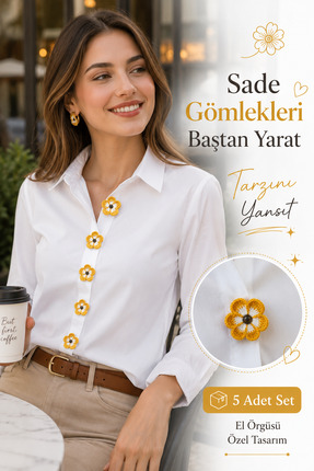 NEHOLİA El Örgüsü Çiçek Aksesuar 5'li Set Sarı Beyaz Çıkarılabilir Giyim Süsü...