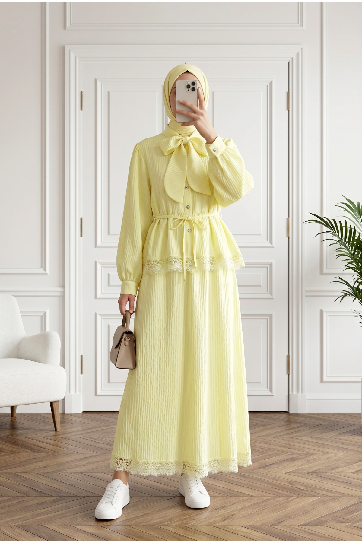 MODAQU Lace-Up Detailed Skirt, Pleated Crepe Set - Yellow