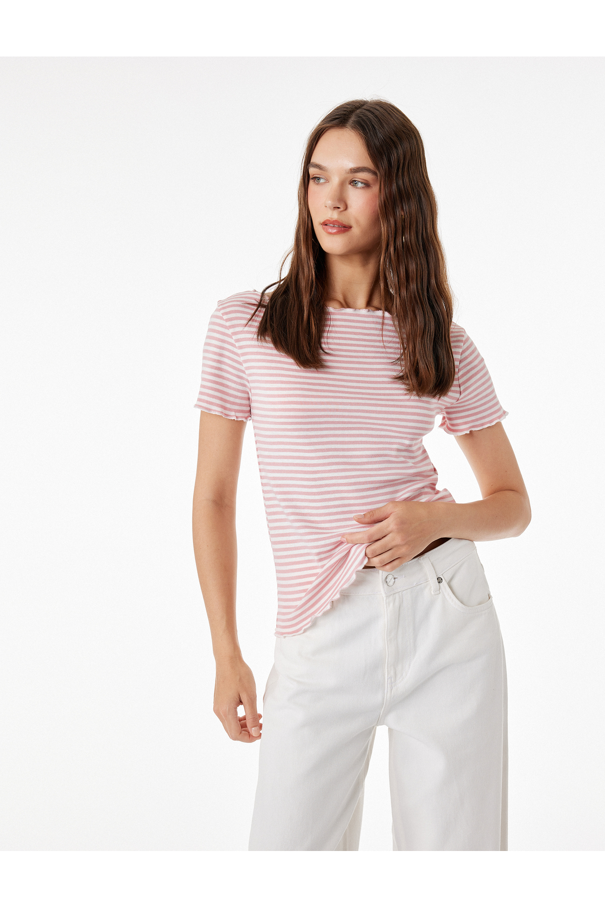 Koton Cotton Boat Neck Ruffle Short Sleeve Striped T-Shirt