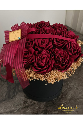 ALINA FLORAL Söz Nişan Çiçeği Siyah Silindir Kutuda El Yapımı İpek Saten Mürd...