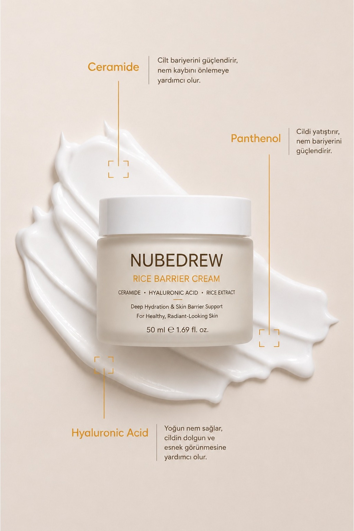 NUBEDREW Ceramide Nemlendirici Yüz Kremi 50 ML Cilt Bariyeri Güçlendirici Hyaluronic Acid ve Pirinç Özlü Bakım Kremi — crnekr-nbd