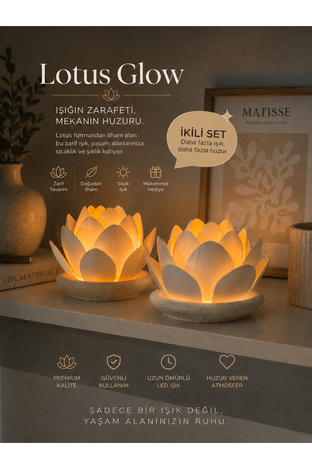 Lotus Double Set led Candle Holder – Decorative Lotus Flower Night Light – Bioplastic Design – 8.5 x 7 cm ne