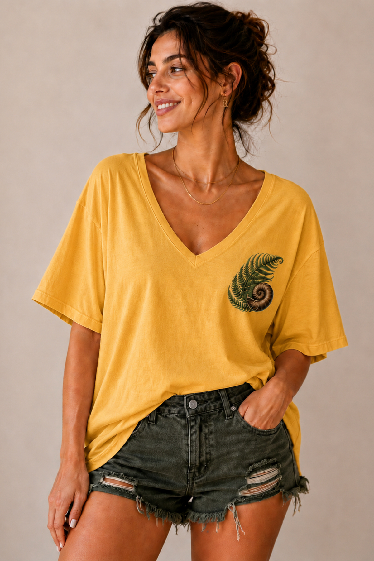 ArtYus Yaprak ve Salyangoz Baskılı V Yaka Salaş Unisex Oversize Tişört - Pamuklu Günlük T-Shirt