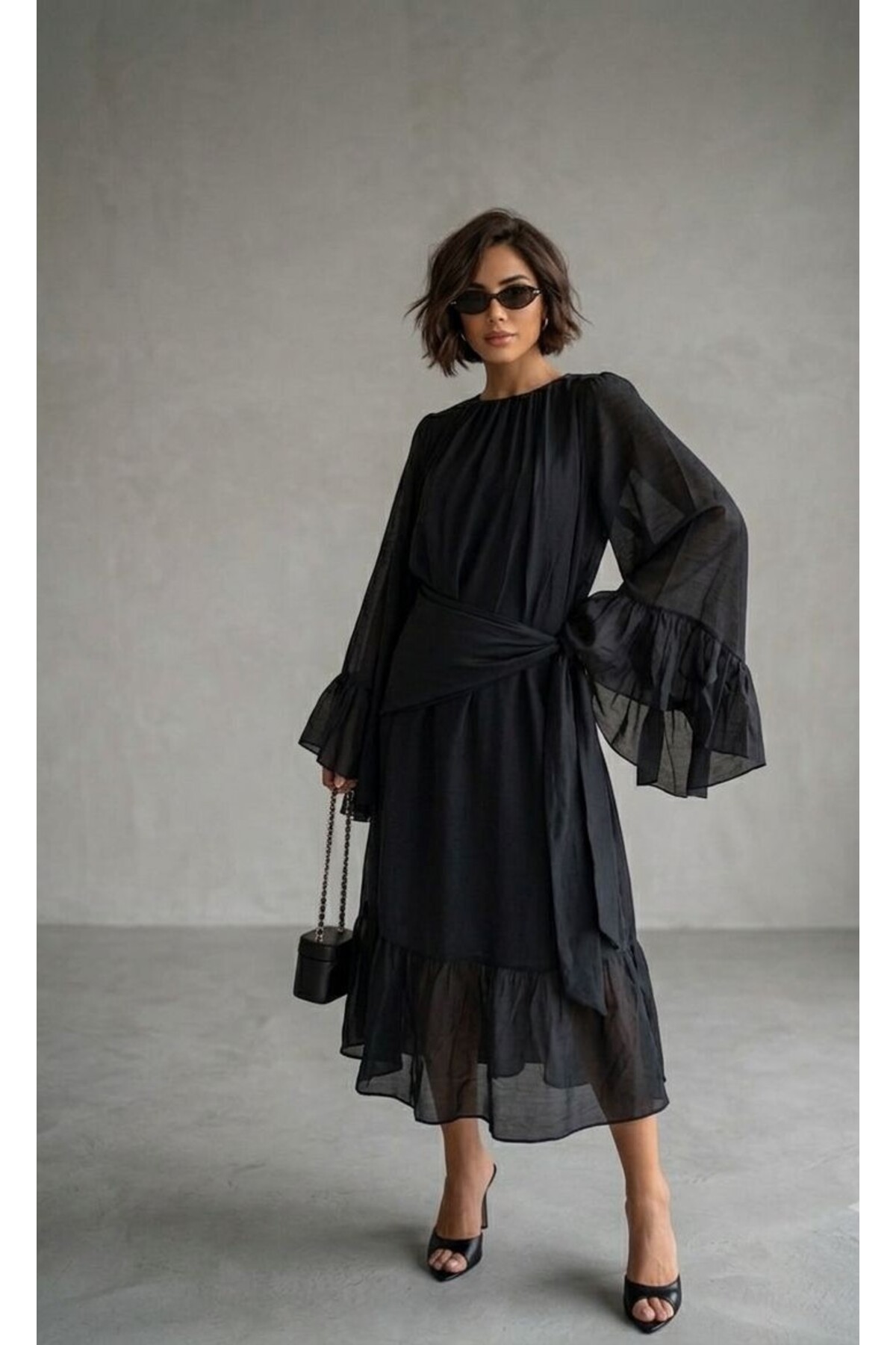 My Blog Black Shawl Drawstring Dress - 3404