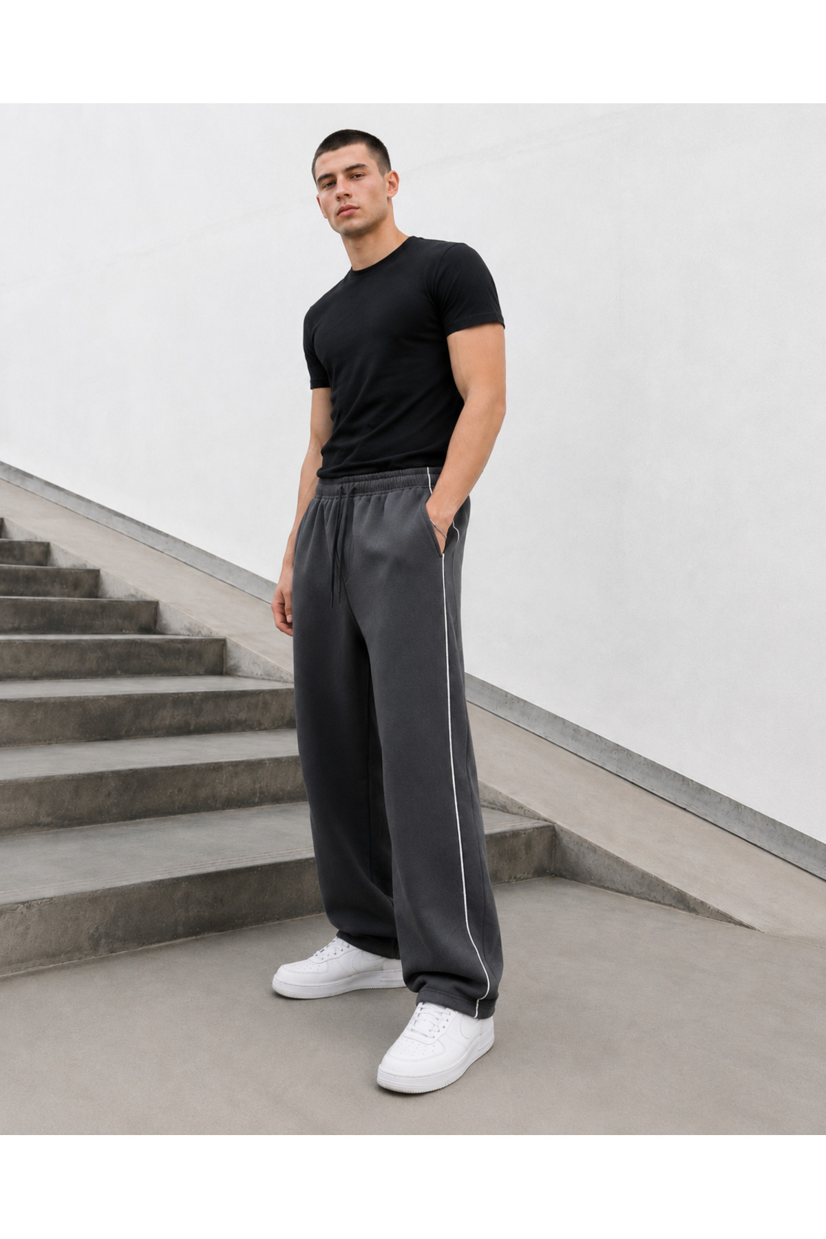 De Carte Harajuku Streetwear Yan Şeritli Erkek Bol Kesim Ayarlanabilir Geniş Paça Eşofman Altı görsel 2
