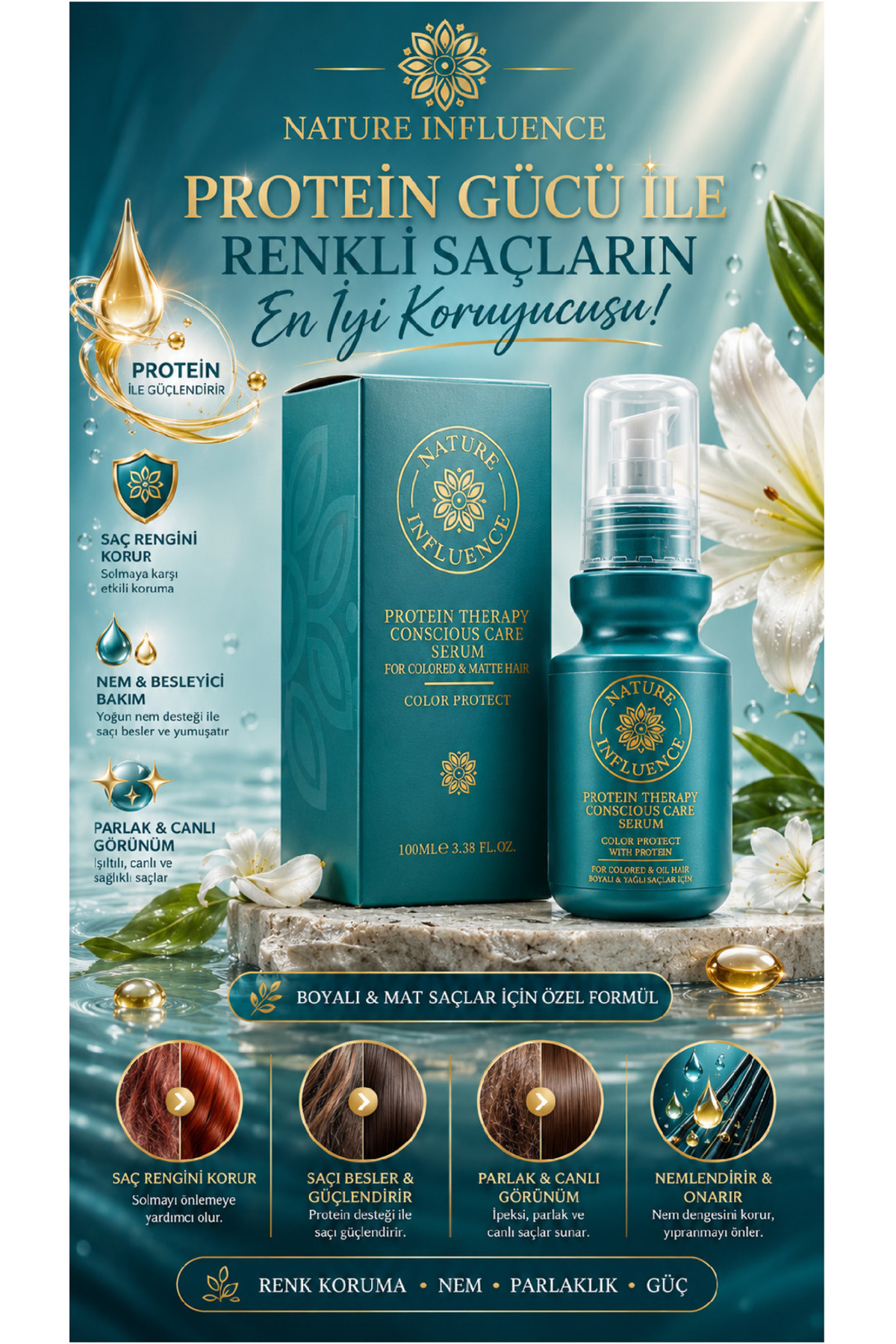 PROTEİN TERAPİLİ BESLEYİCİ SAÇ SERUMU 100ML — NATURE28 — تصویر 3 از 5