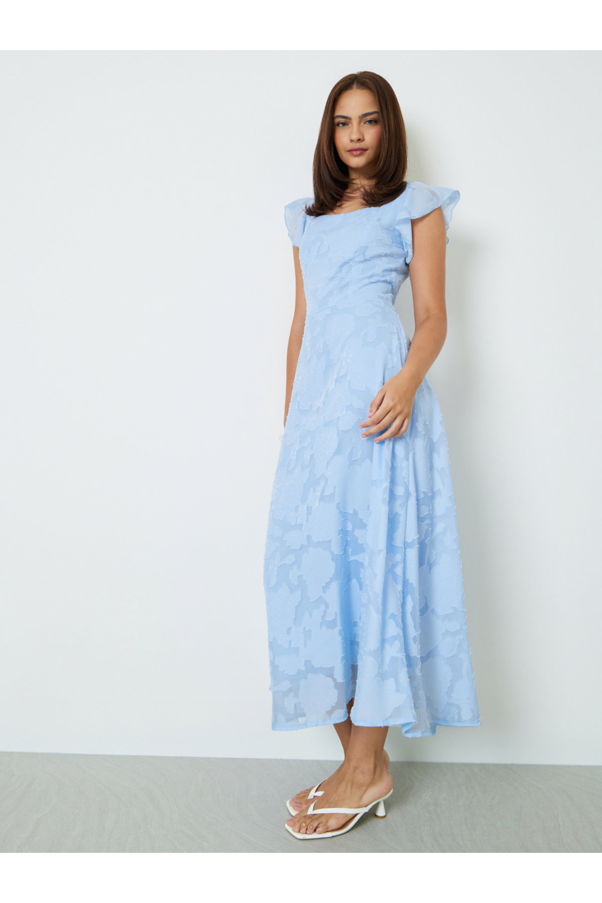 Styli Blue Square Neck Jacquard Maxi Dress
