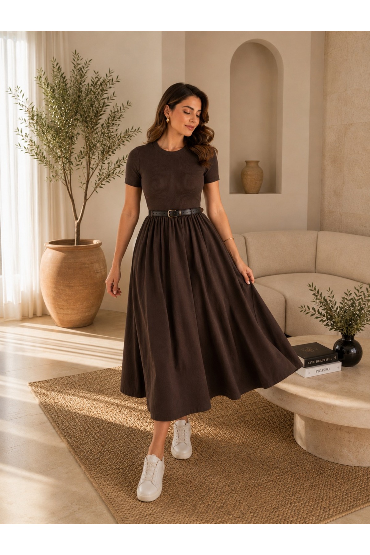 unika boutique Kadın Kemerli Poplin Midi Elbise görsel 4