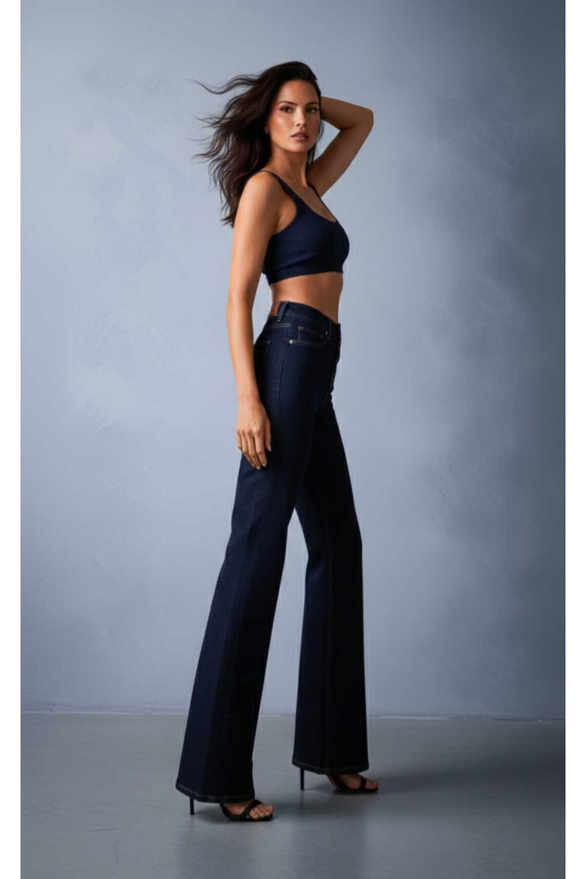 Lighter Jeans Kadın Yüksek Bel Likralı Lacivert Bol Paça Jean Pantolon, Esnek Denim Rahat Kalıp görsel 6