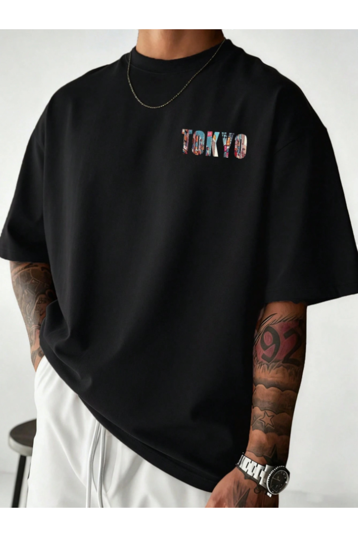 Revasser Unisex Erkek/Kadın Renkli TOKYO Renkli Özel Baskılı Oversize Sıfır Yaka Penye T-Shirt görsel 3