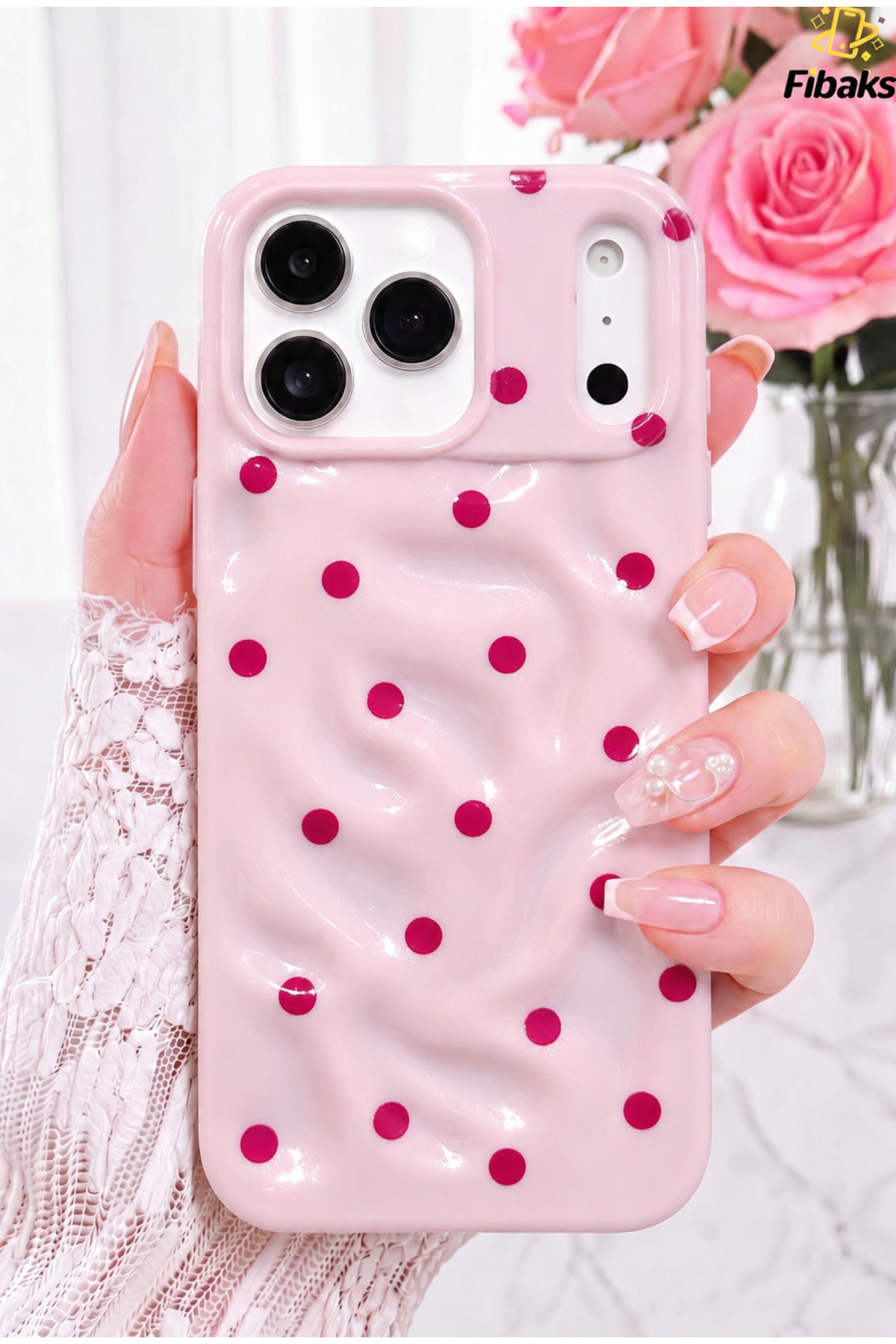 iPhone 17 Pro Max Case Wavy Pattern Pink Polka Dot Silicone Stylish Design Phone Case