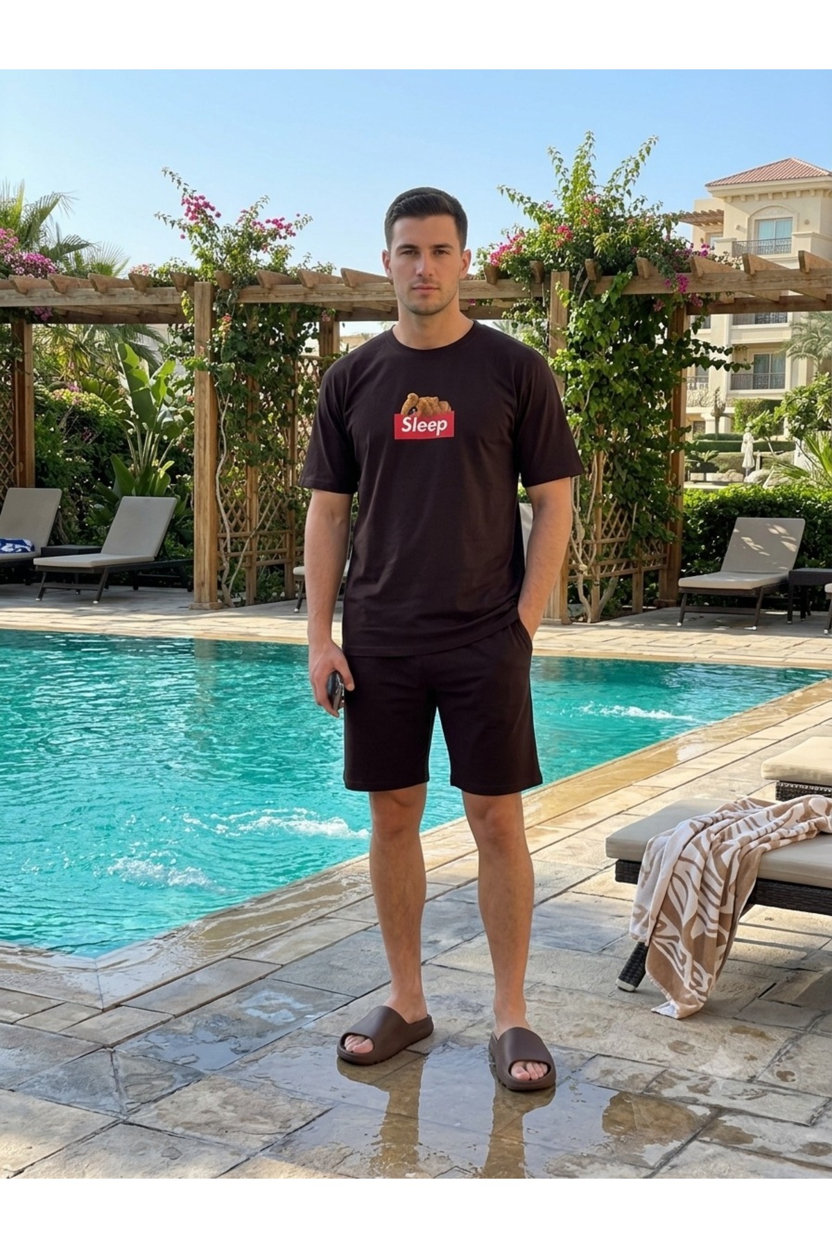 Pijamasoft %100 Pamuklu Ayıcık Baskılı Cepli Şort Kısa Kollu Pijama Takımı