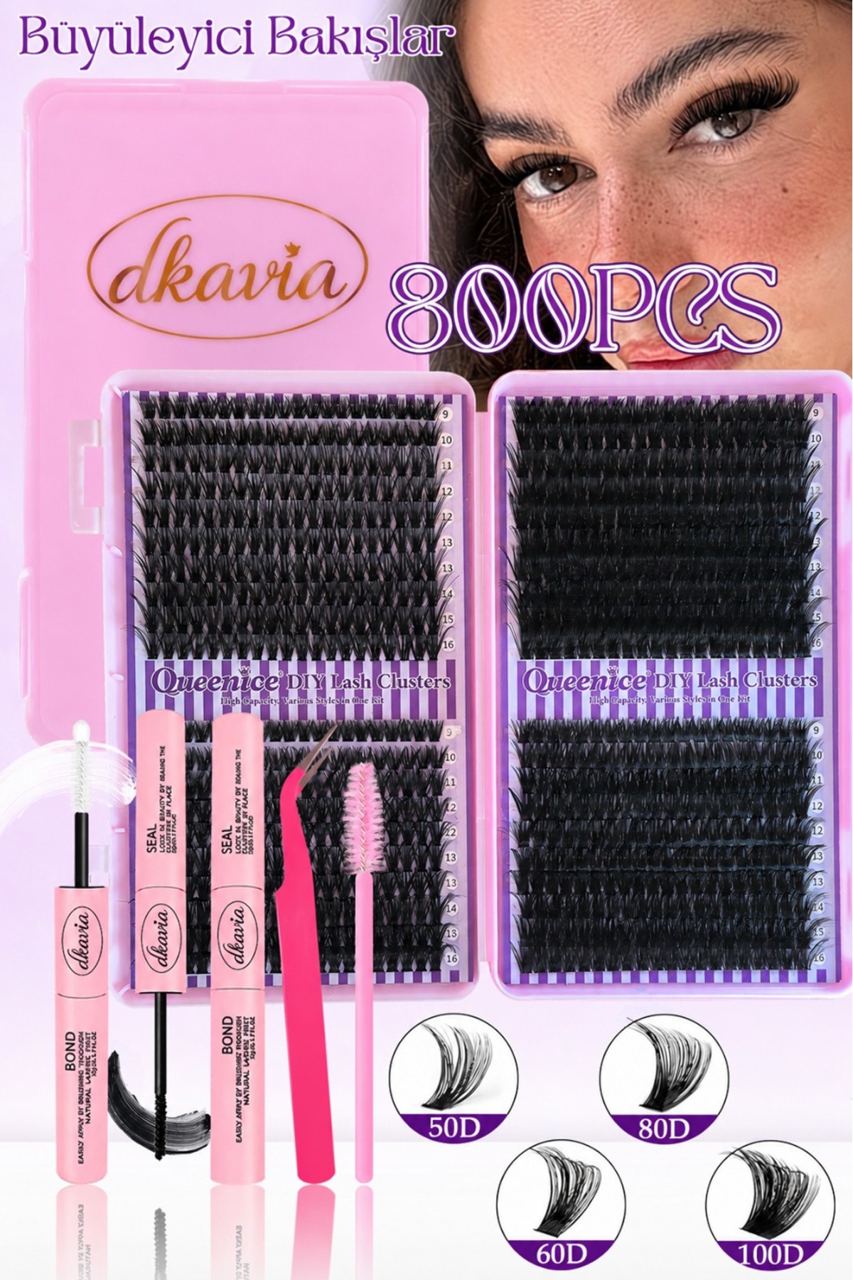 Takma Kirpik Seti 800 Demet Kirpik, Yapıştırıcı ve Sabitleyici, Cımbız ve Fırçasıyla, Yoğun -Hacimli- Dramatik Görünüm (50-60-80-100D) — DK2604