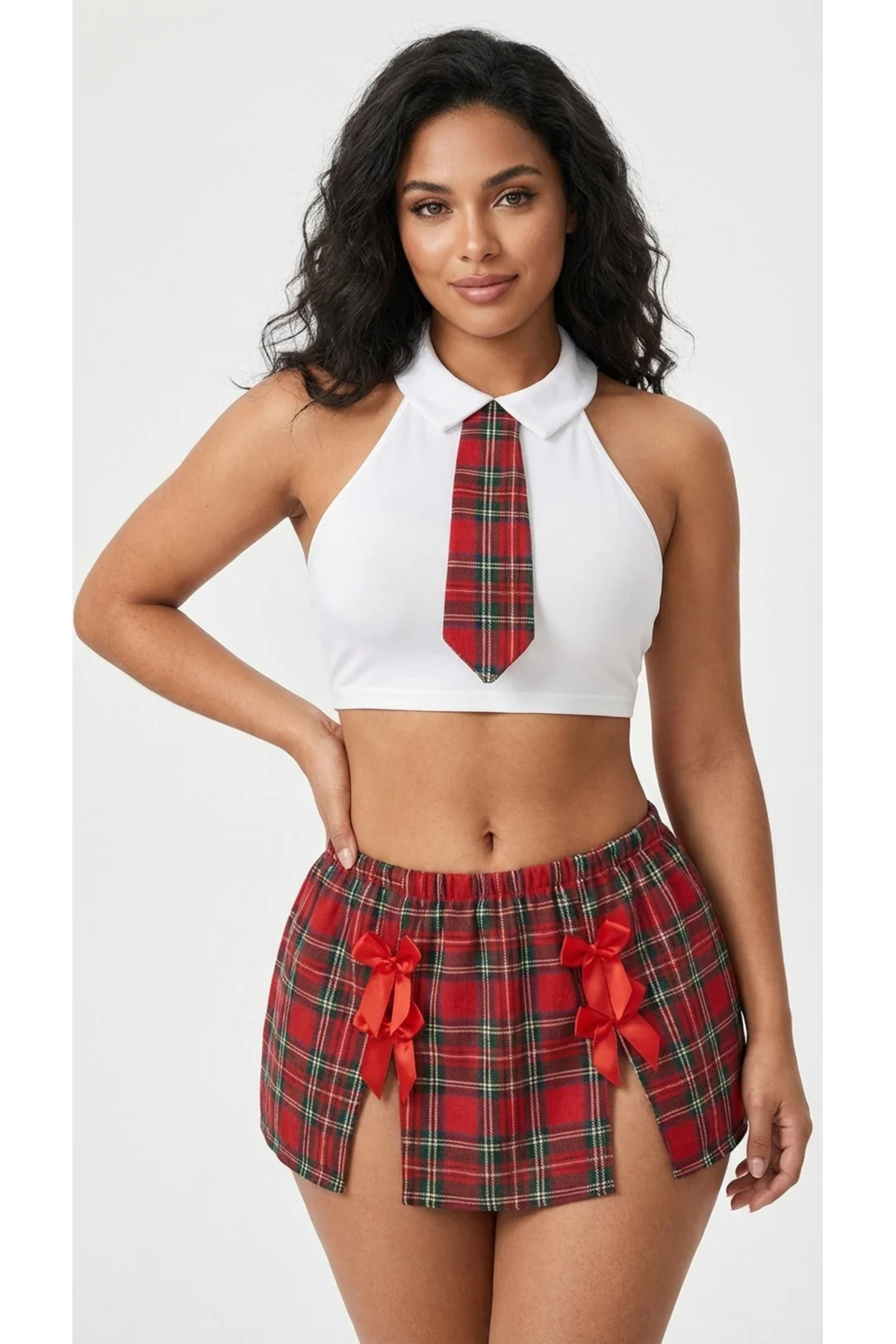 Plus Size Kırmızı Kareli Kostüm Set - Boyundan Bağlamalı Büstiyer Takım 8
