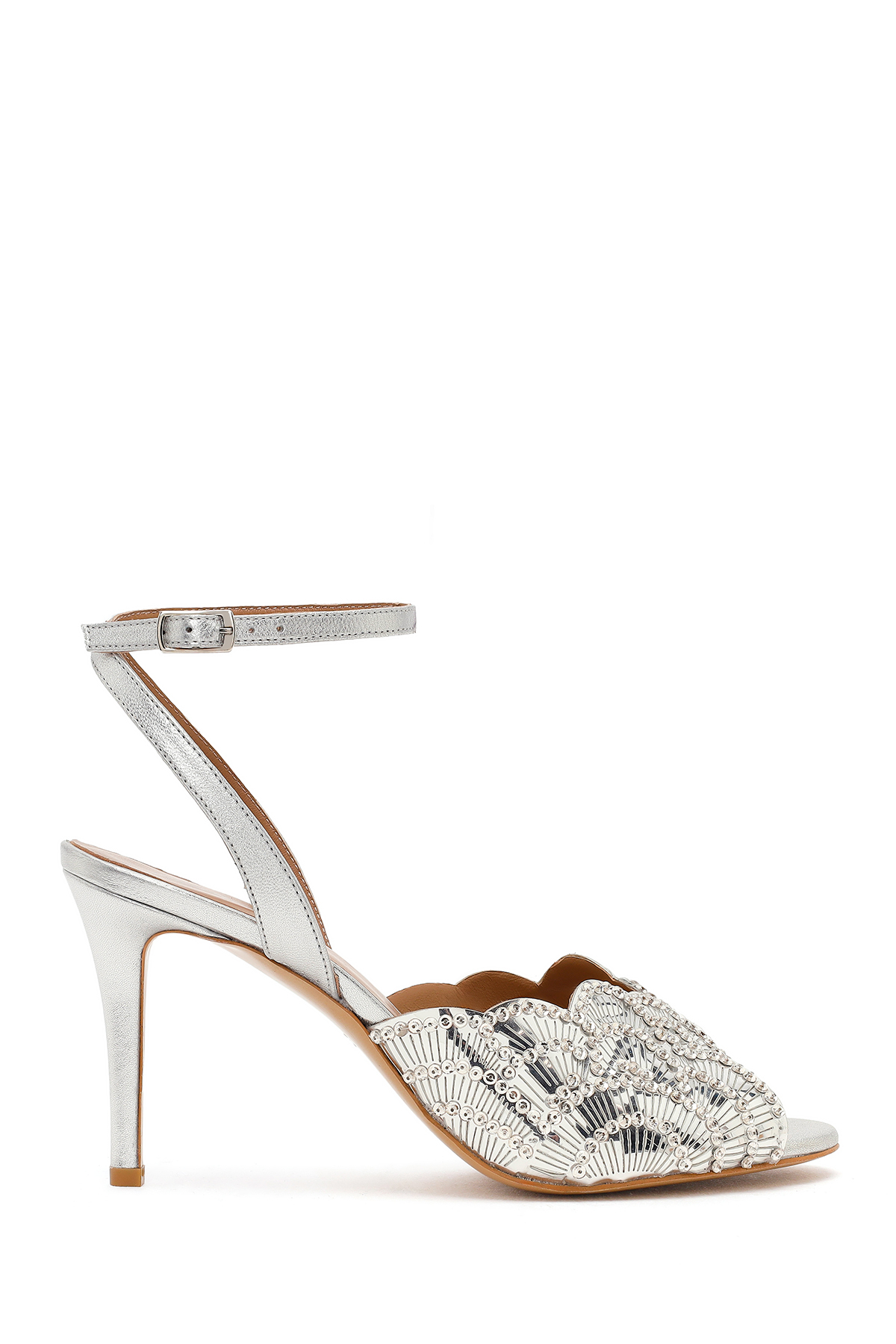 Women's Thin Heeled Leather Sandals with Silver Ankle Buckle Gemstone 26SFD121414
