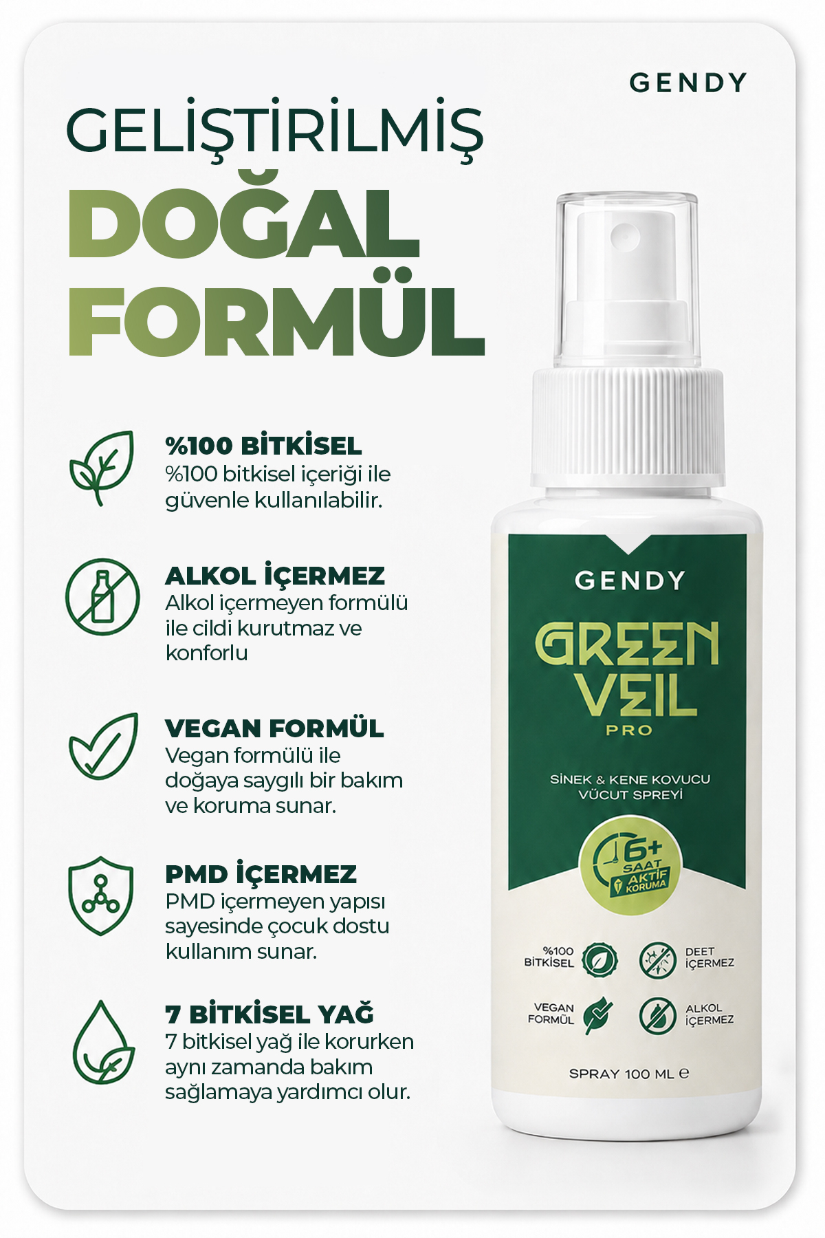 GENDY Green Veil Pro - %100 Bitkisel, 2 Yaş Üzeri için Sivrisinek
