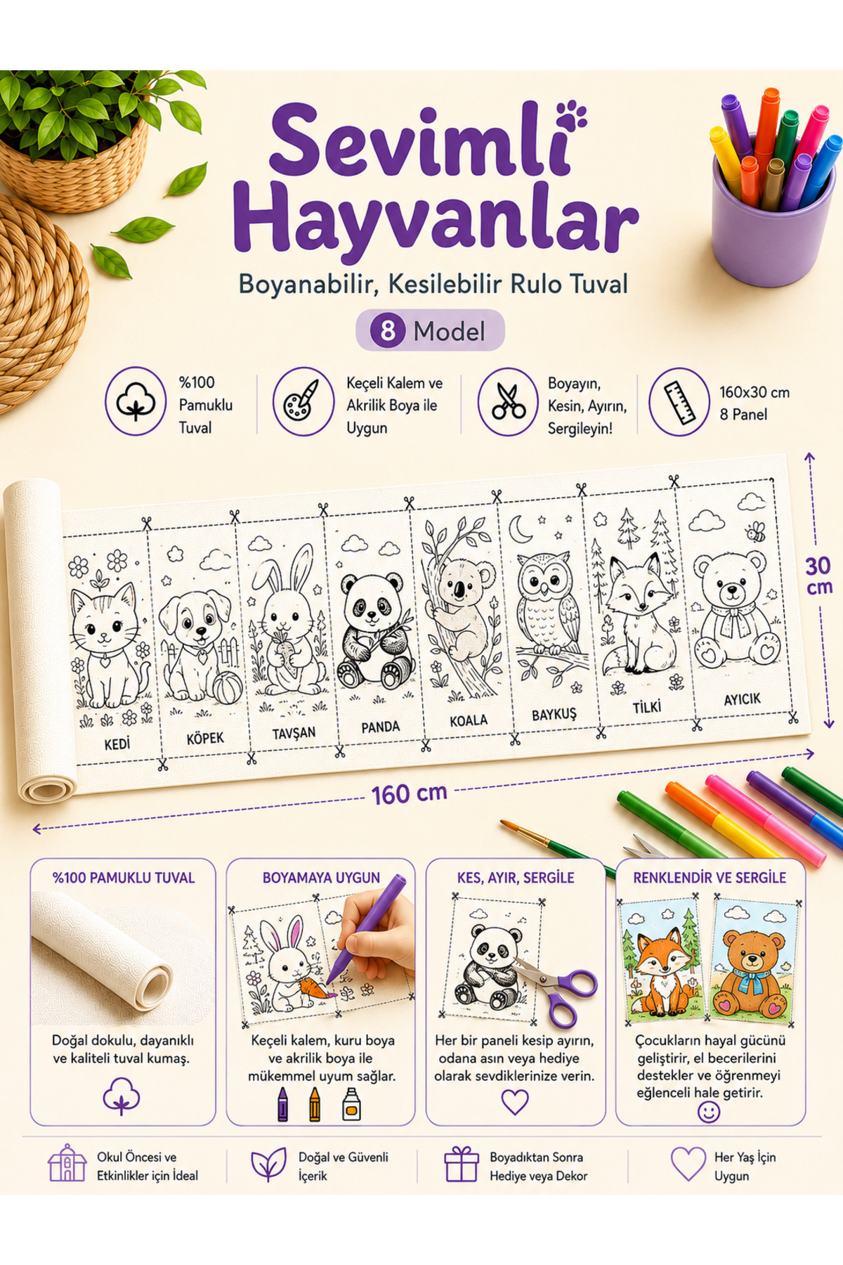 Boyanabilir Kesilebilir Rulo Tuval Sevimli Hayvanlar 8 Model Çocuk Boyama Seti 160x30 cm