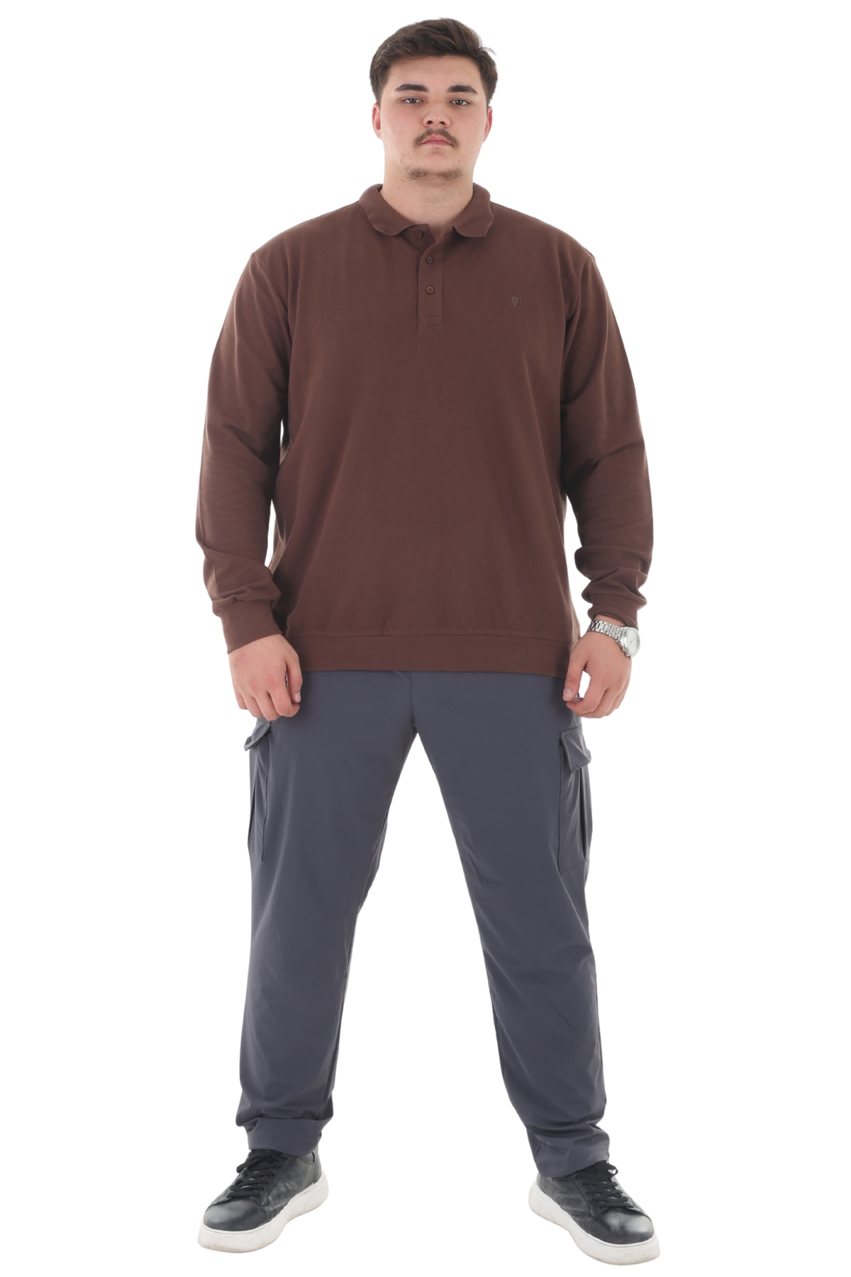 marufshop Erkek Büyük Beden 115-155 Kilo Arası İçin Uygun Uzun Kol Polo Yaka Mevsimlik Sweatshirt Kahverengi görsel 6