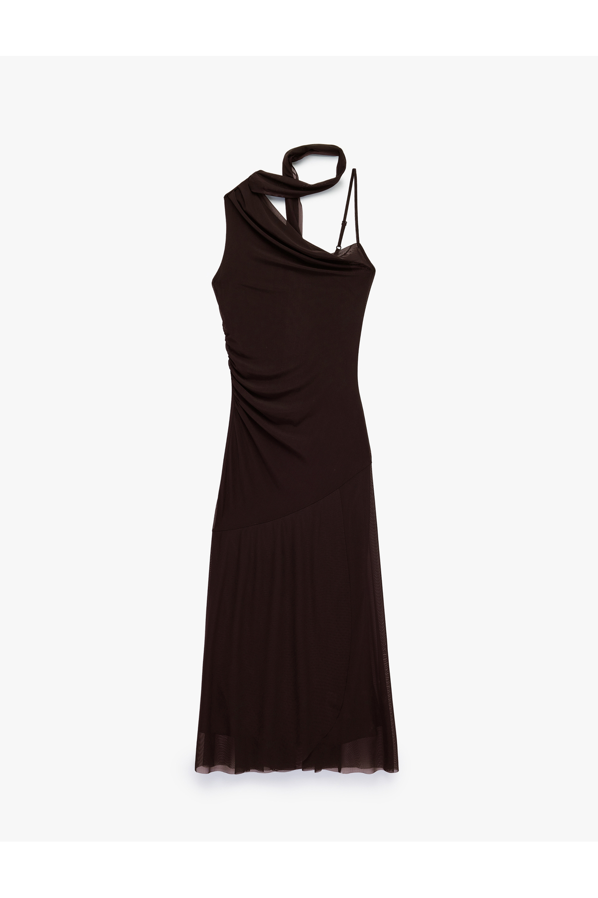 Slim Fit Fular Detaylı Asimetrik Kesim Askılı Tek Omuz Midi Tül Elbise