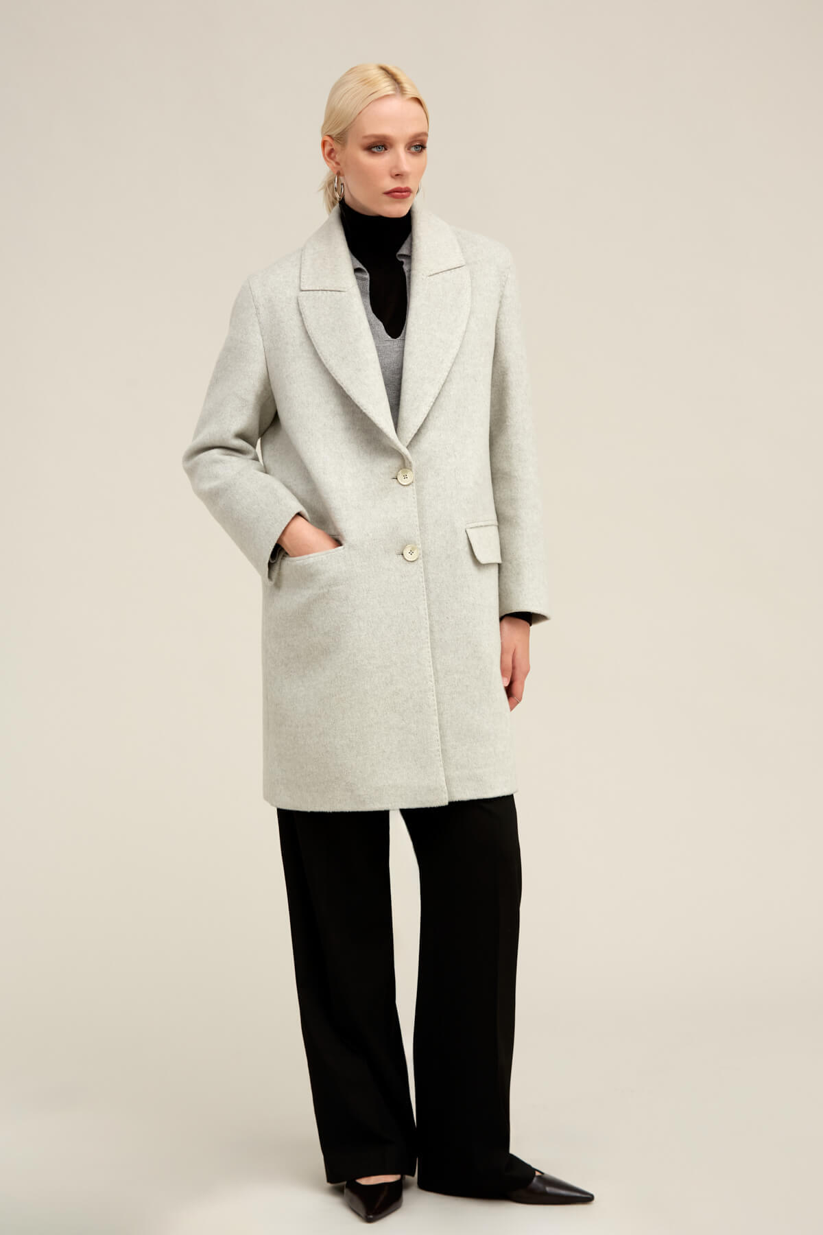 Hatemoğlu Gri Regular Fit Ceket Yaka Kaşe Oversize Manto