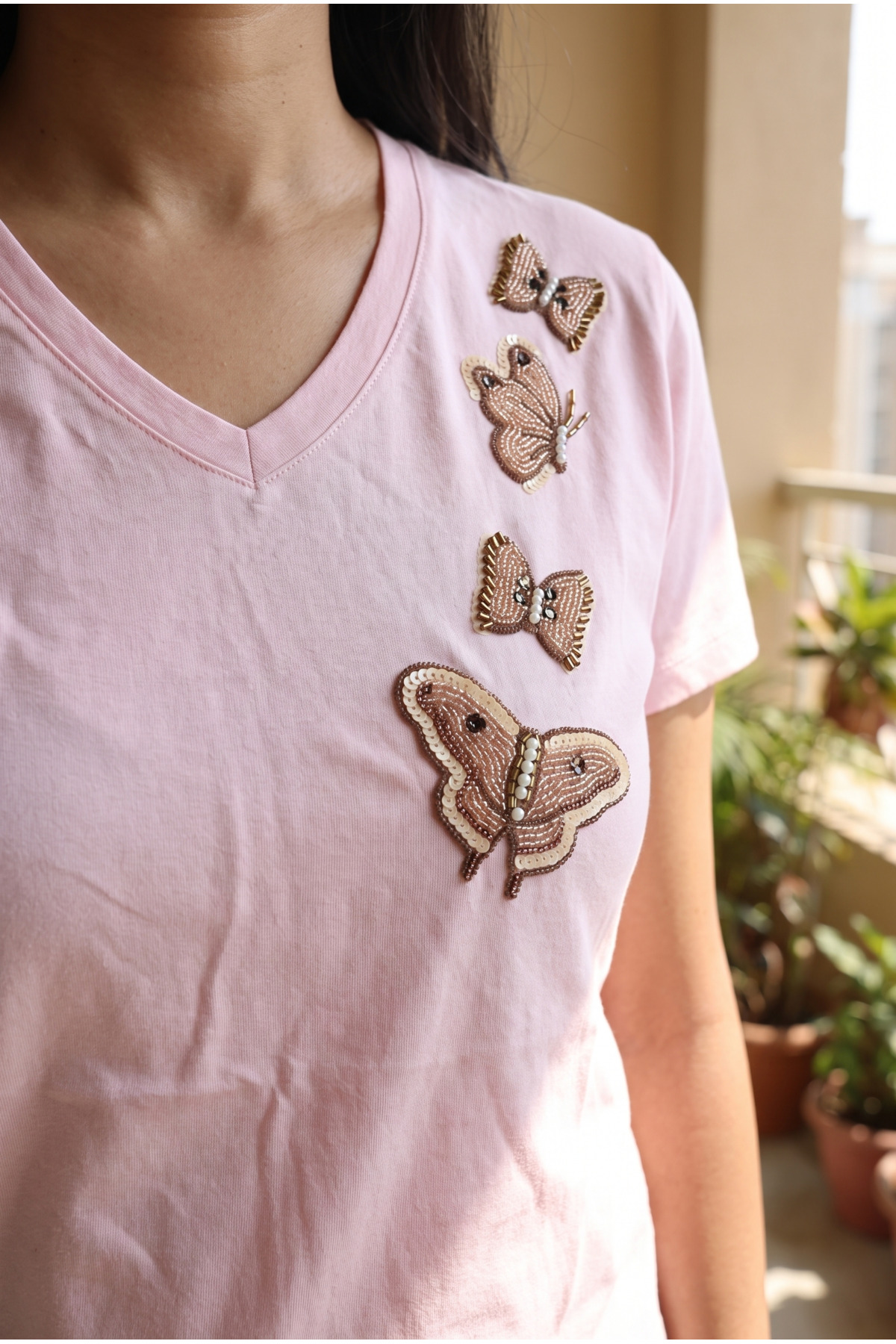 Pink V-Neck Butterfly Beads And Sequin Embroidered 100% Cotton T-Shirt