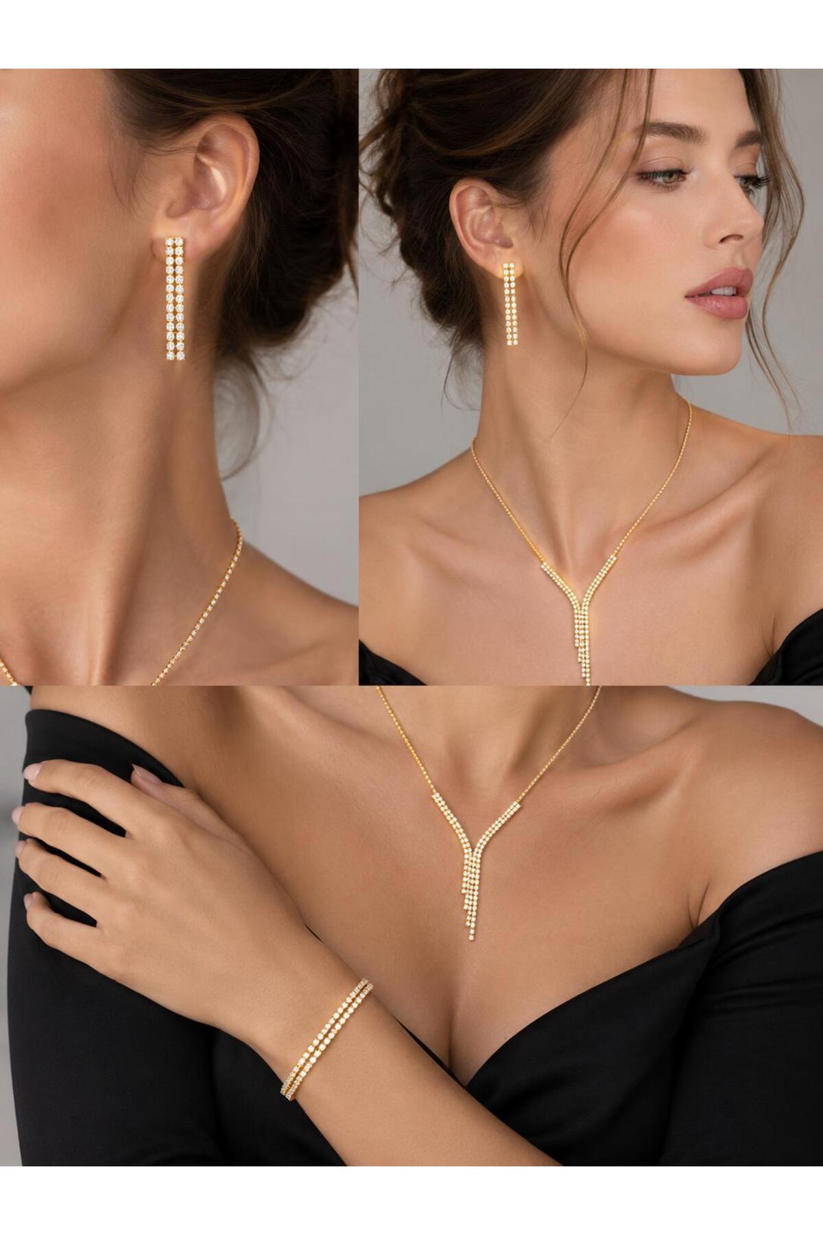 Luar Jewelry Işıltılı Suyolu Gold Kaplama Takı Seti İki Sıra - Özel Davetler İçin Mükemmel Seçim görsel 2