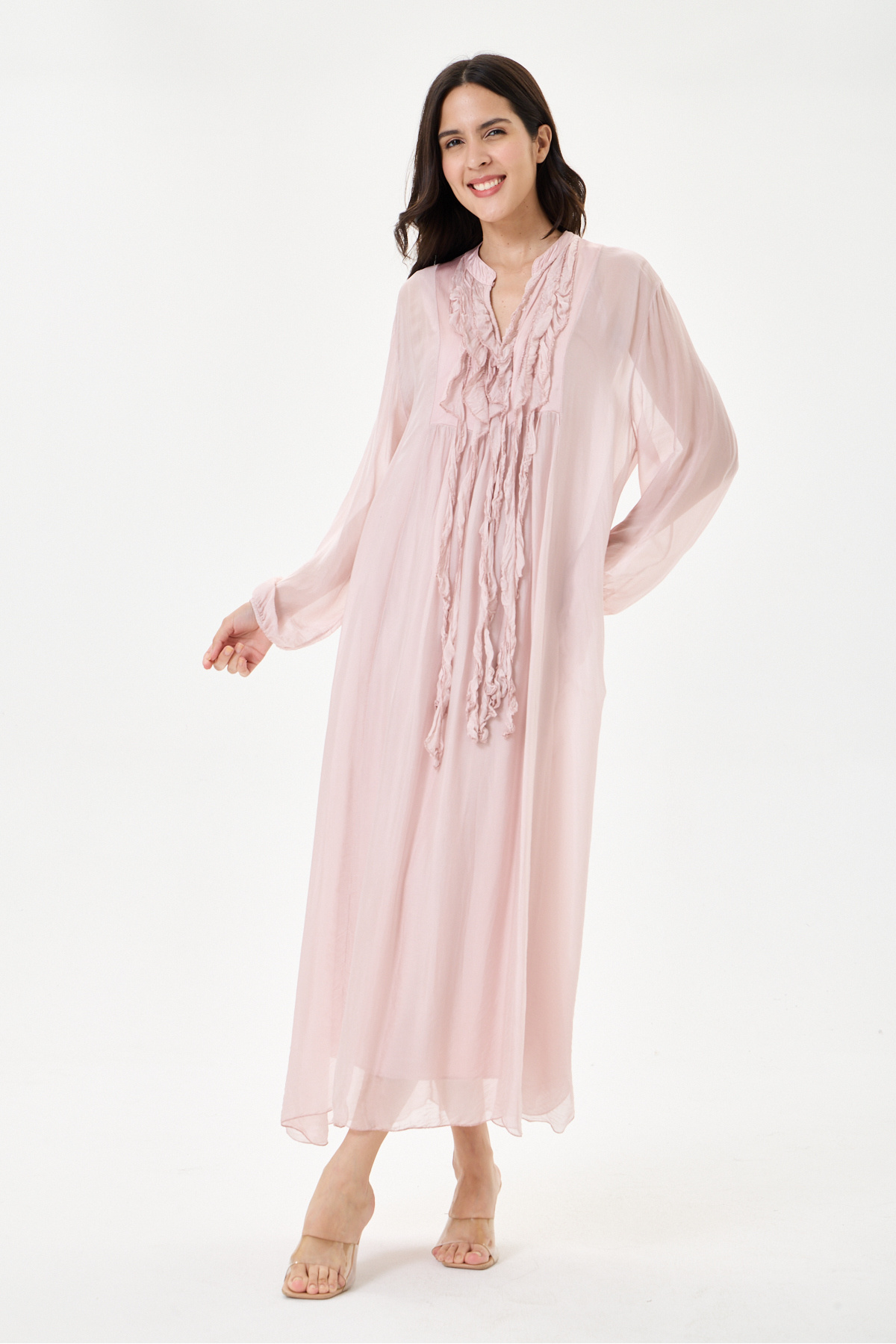 della moor Italian Collar Ruffled Half Placket Buttoned Collar Lined Long Silk Dress 38 - 44 Size