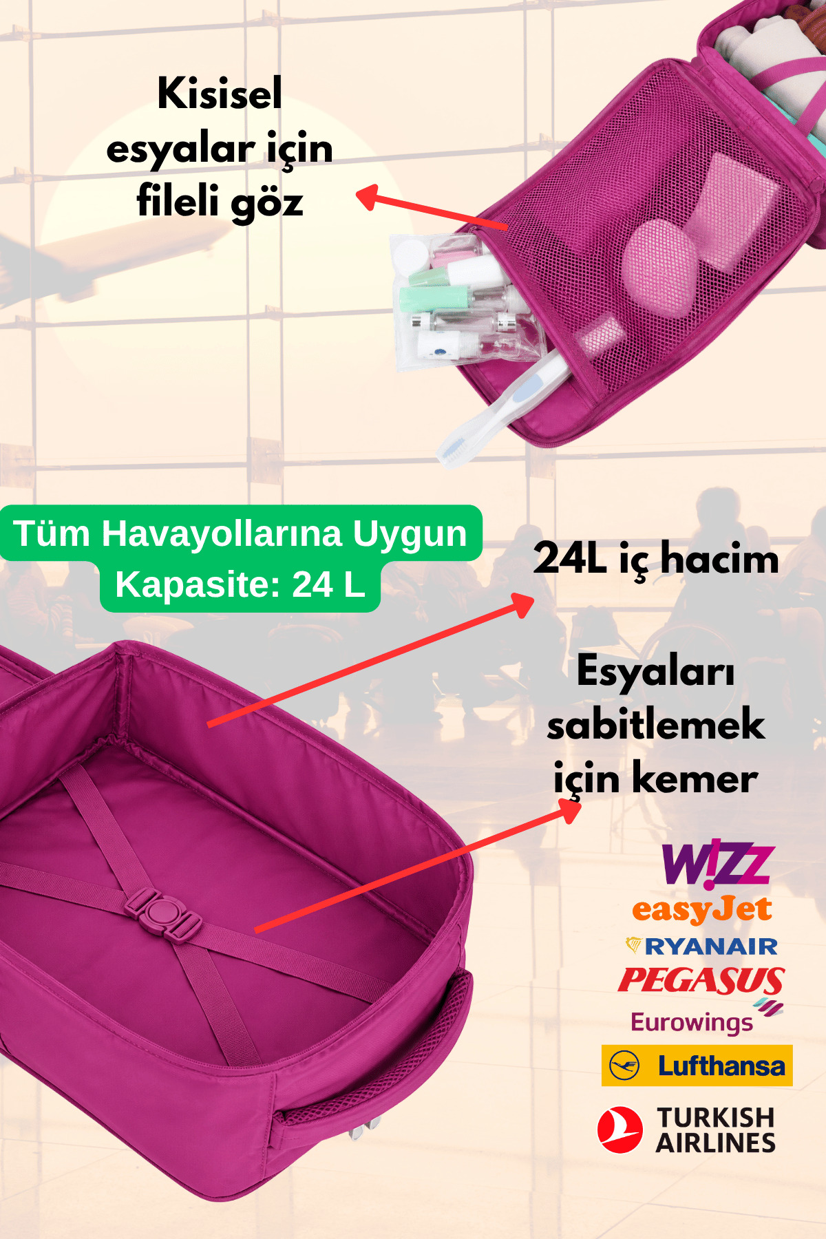 Jet Turtle Seyahat Sırt Çantası 40cm 40x25x15 cm Pegasus, Wizz Air, Ryanair, El Valizi Koltuk Altı Valizi görsel 3