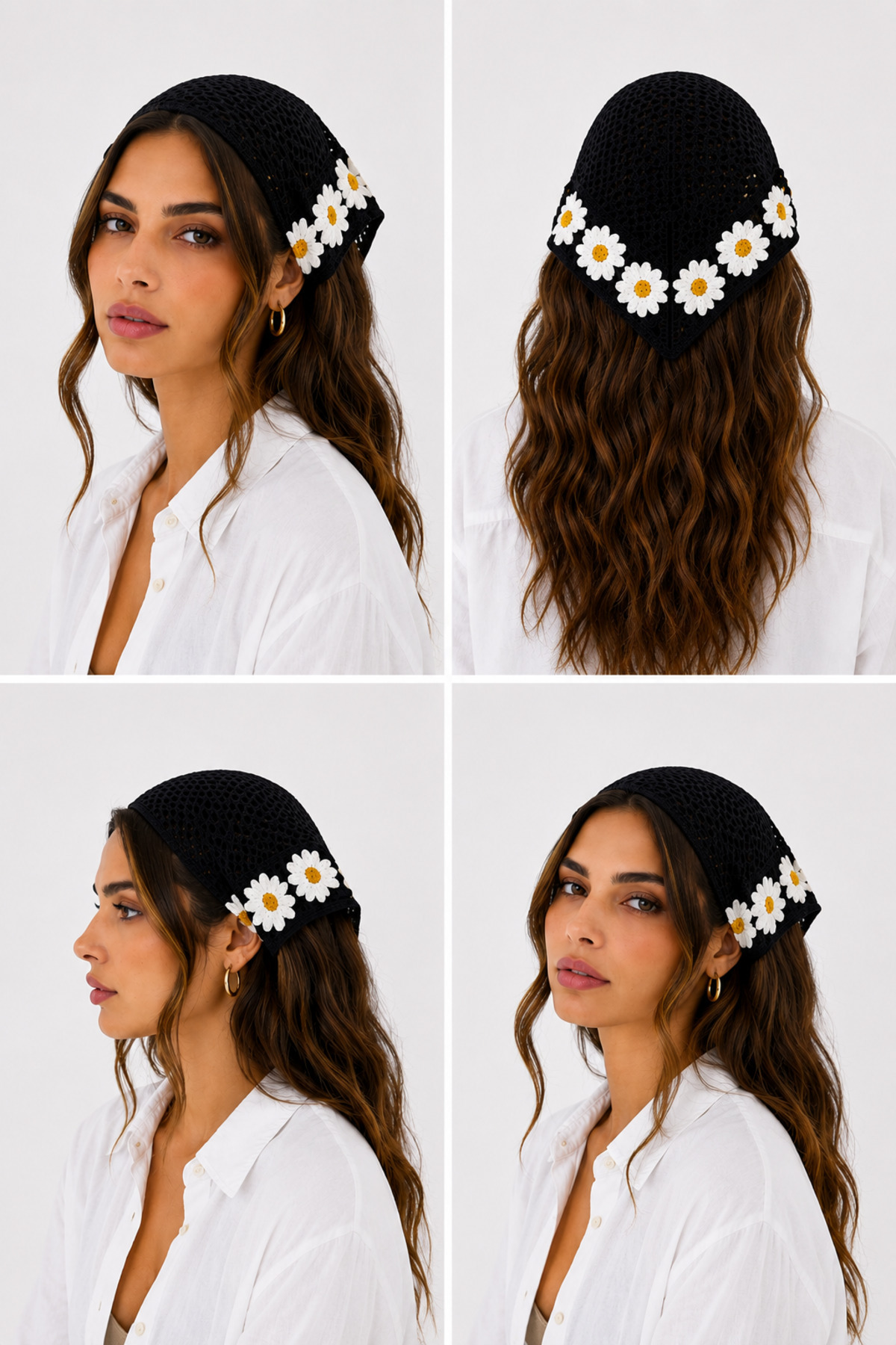 Kadın Örgü Bandana Çiçek Motifli Yazlık Bohem Saç Bandanası