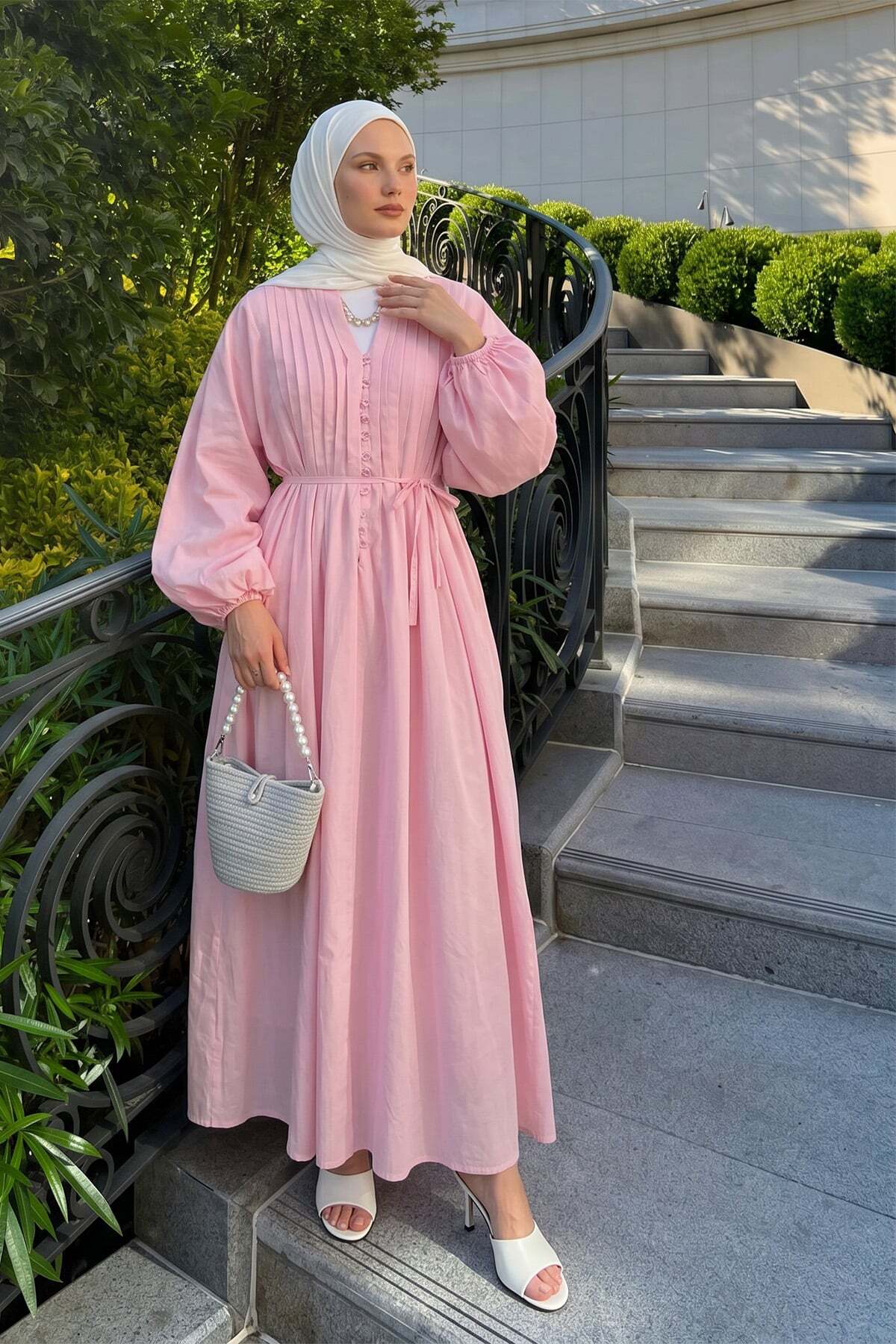 Salih Çelebi Voile Button Detailed Pleated Dress 5007 - Pink