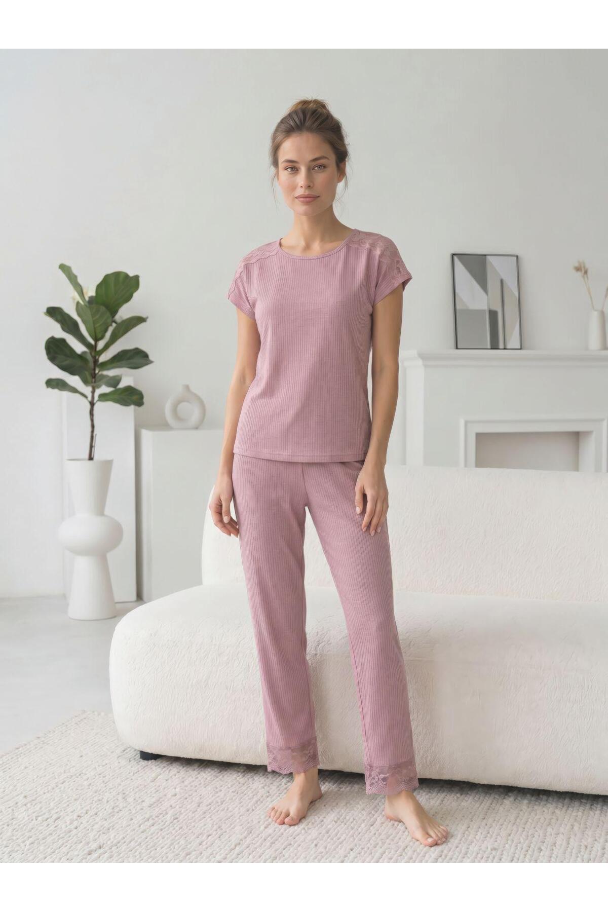 STELLAPİNK Kadın Fitilli Dantel Detaylı Örme Pijama Takımı görsel 2