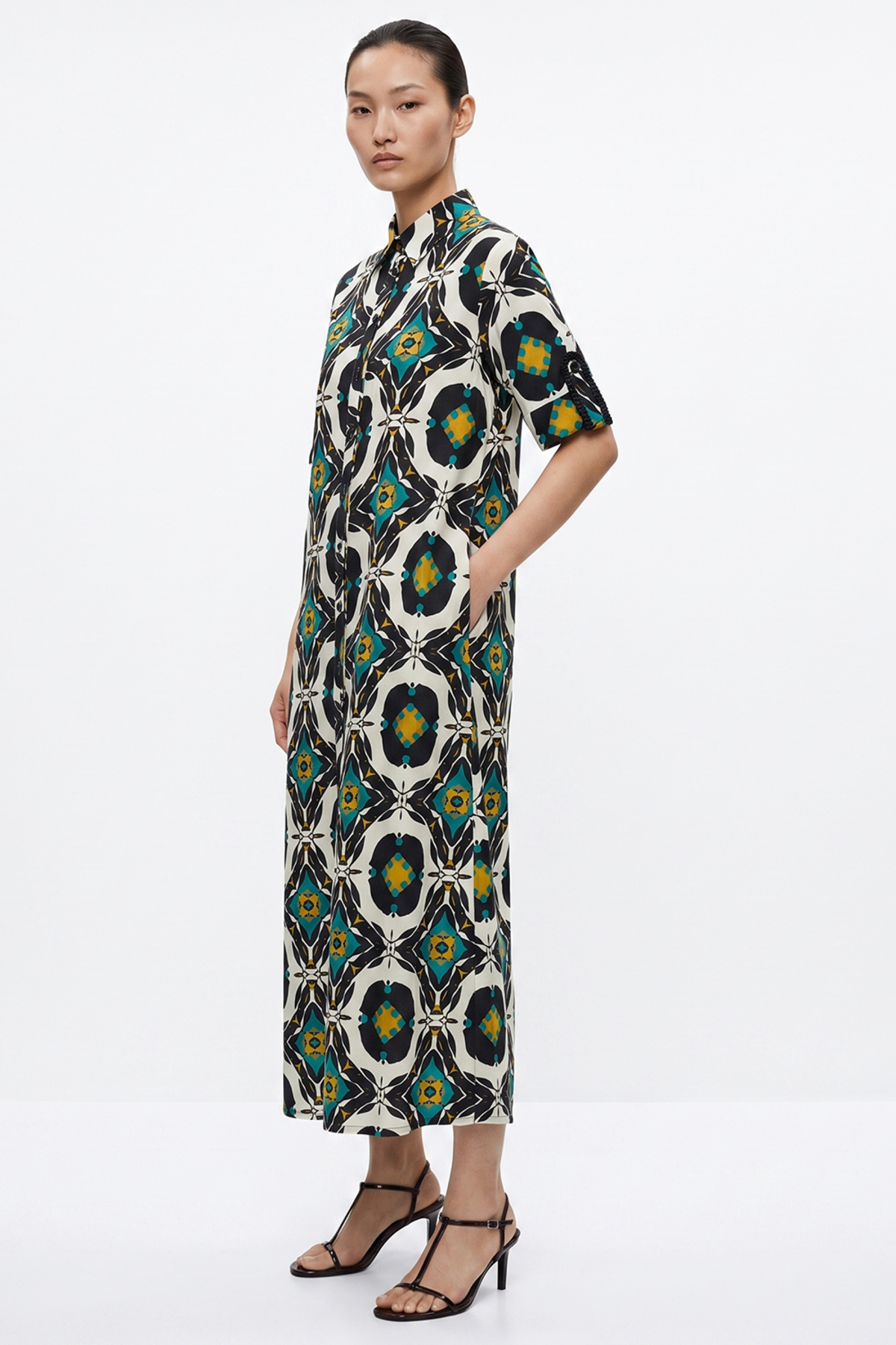 Exquise Abstract Patterned Long Sleeve Regular Shirt Dress