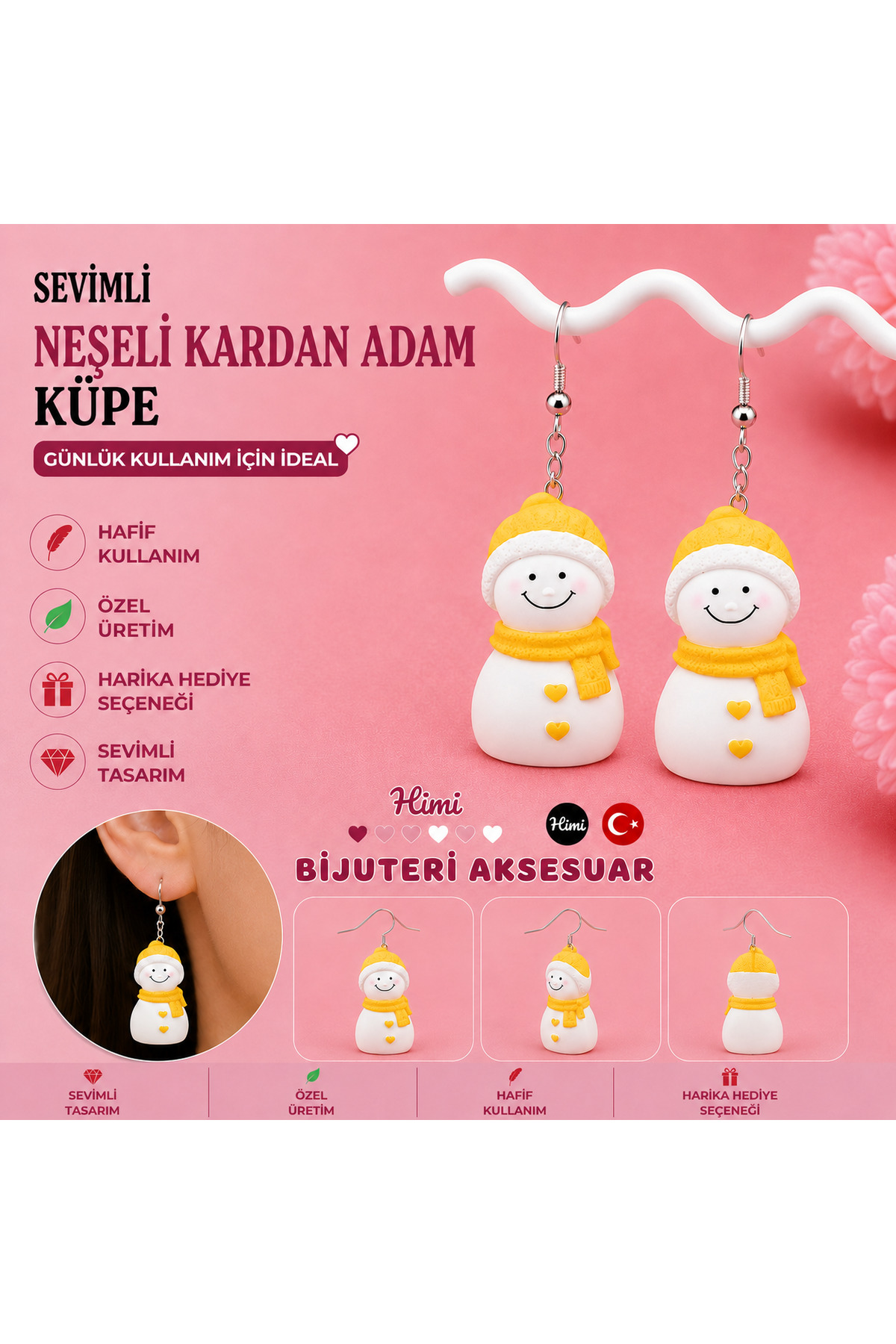 Neşeli Sarı Şapkalı Kardan Adam Figürlü Sallantılı Küpe Hafif Tasarım Günlük Kullanım Bijuteri Çocuk Küpesi