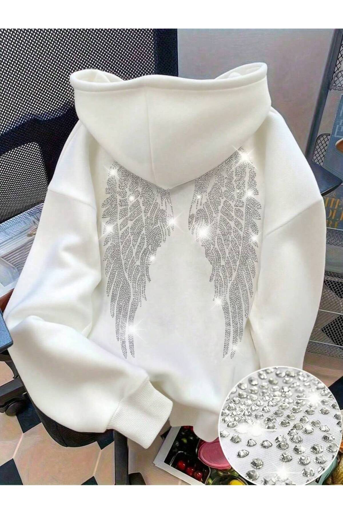 MOONBULL Kadın Sırtı Kanat Taş Baskılı 3 İplik Şardonlu Kumaş Kapüşonlu Oversize Sweatshirt