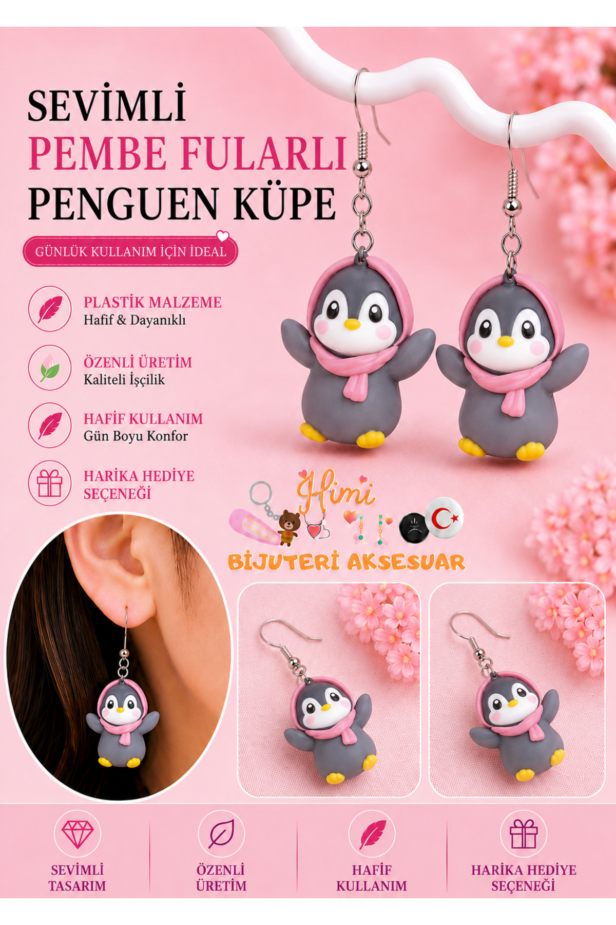 Pembe Fularlı Penguen Neşeli Sevimli Hayvan Figürlü Sallantılı Küpeler Hafif Tasarım Günlük Kullanım Bijuteri Çocuk Küpesi