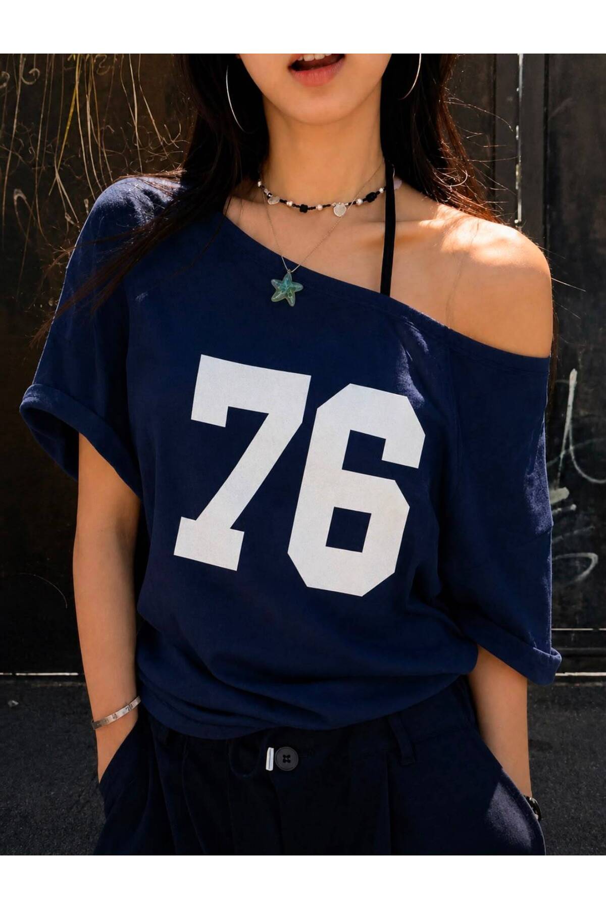 Elvino 76 Baskılı Lacivert Oversize Kadın Kayık Yaka T-Shirt