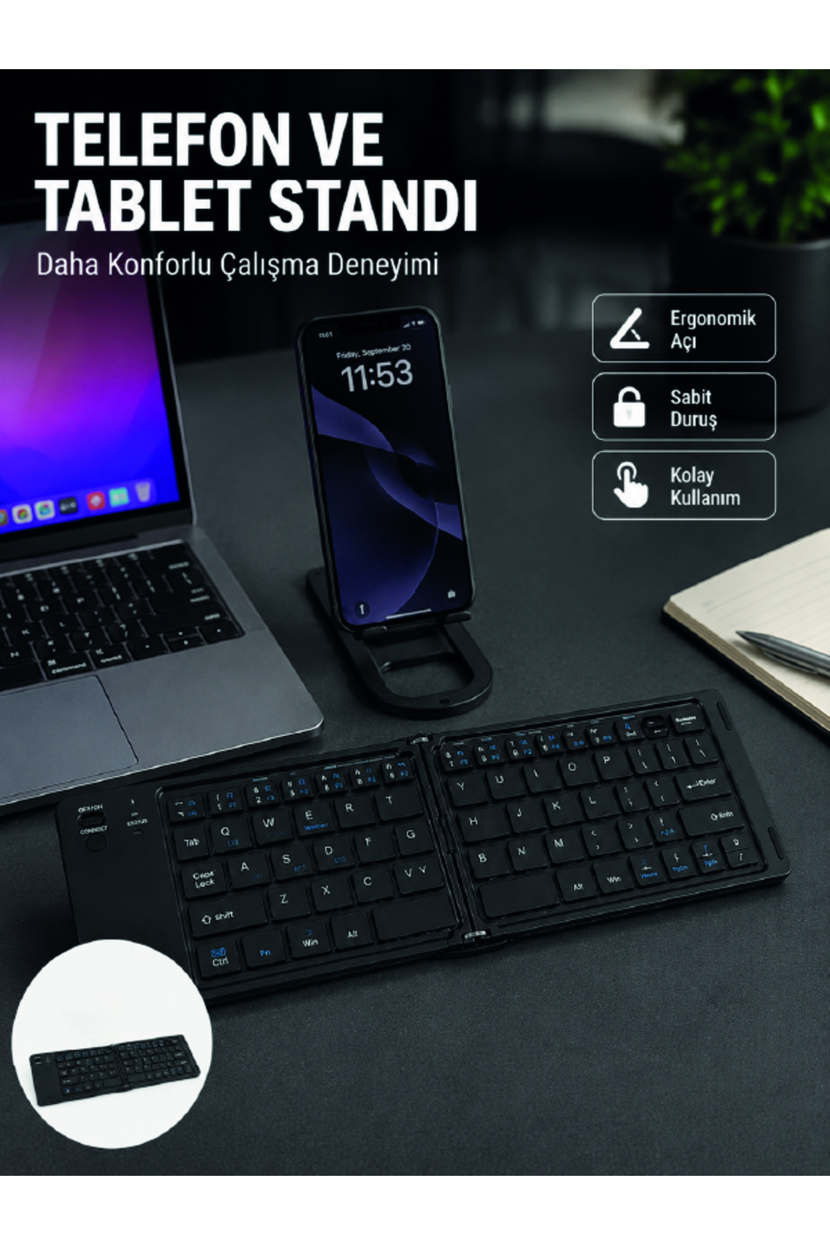 markentegra Bluetooth Katlanabilir Klavye USB-C Şarjlı 3 Cihaz Bağlantılı Taşınabilir Klavye