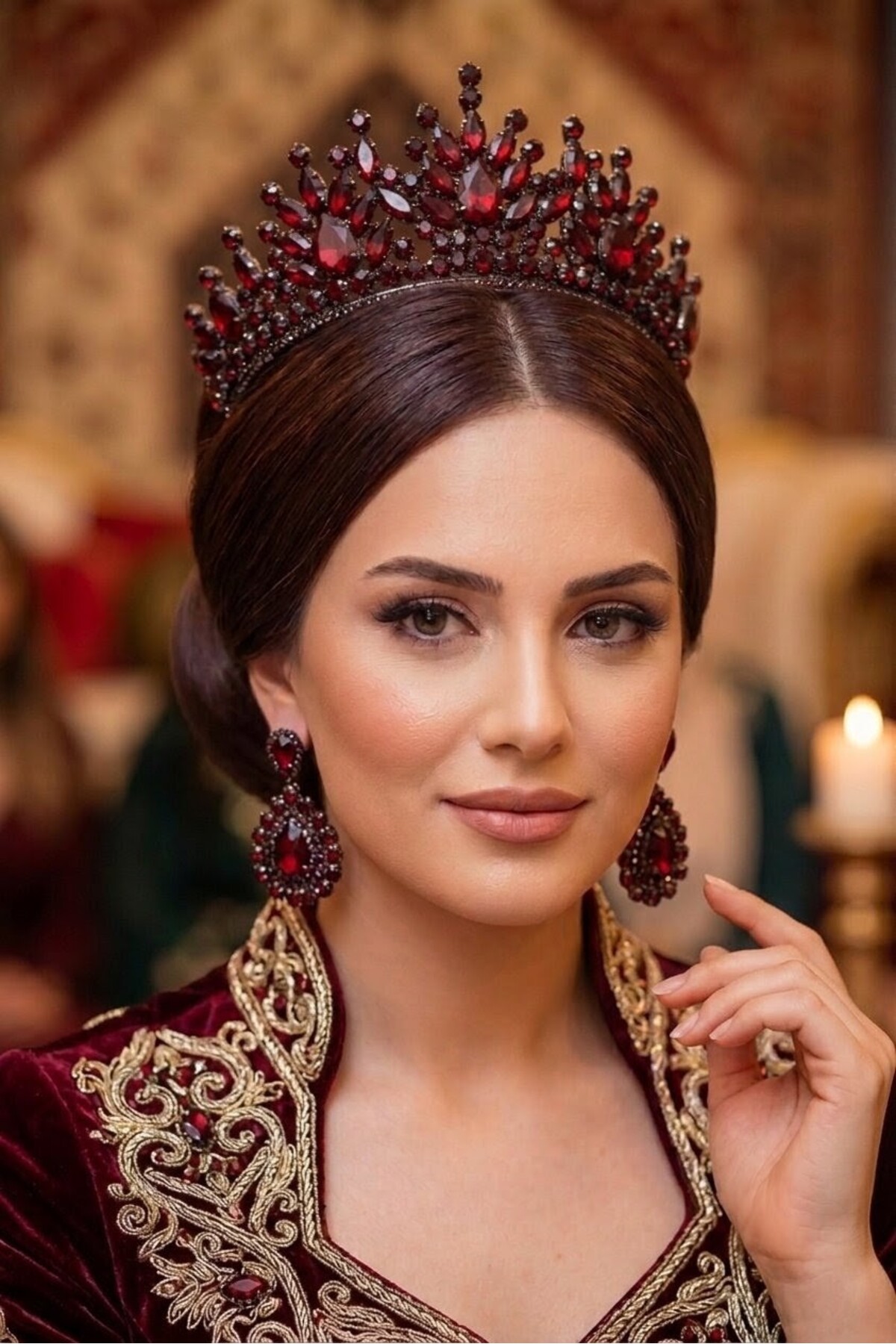 Pera Model Gelin Kına Tacı Ve Damla Taşlı Abiye Küpe, Sultan Tacı