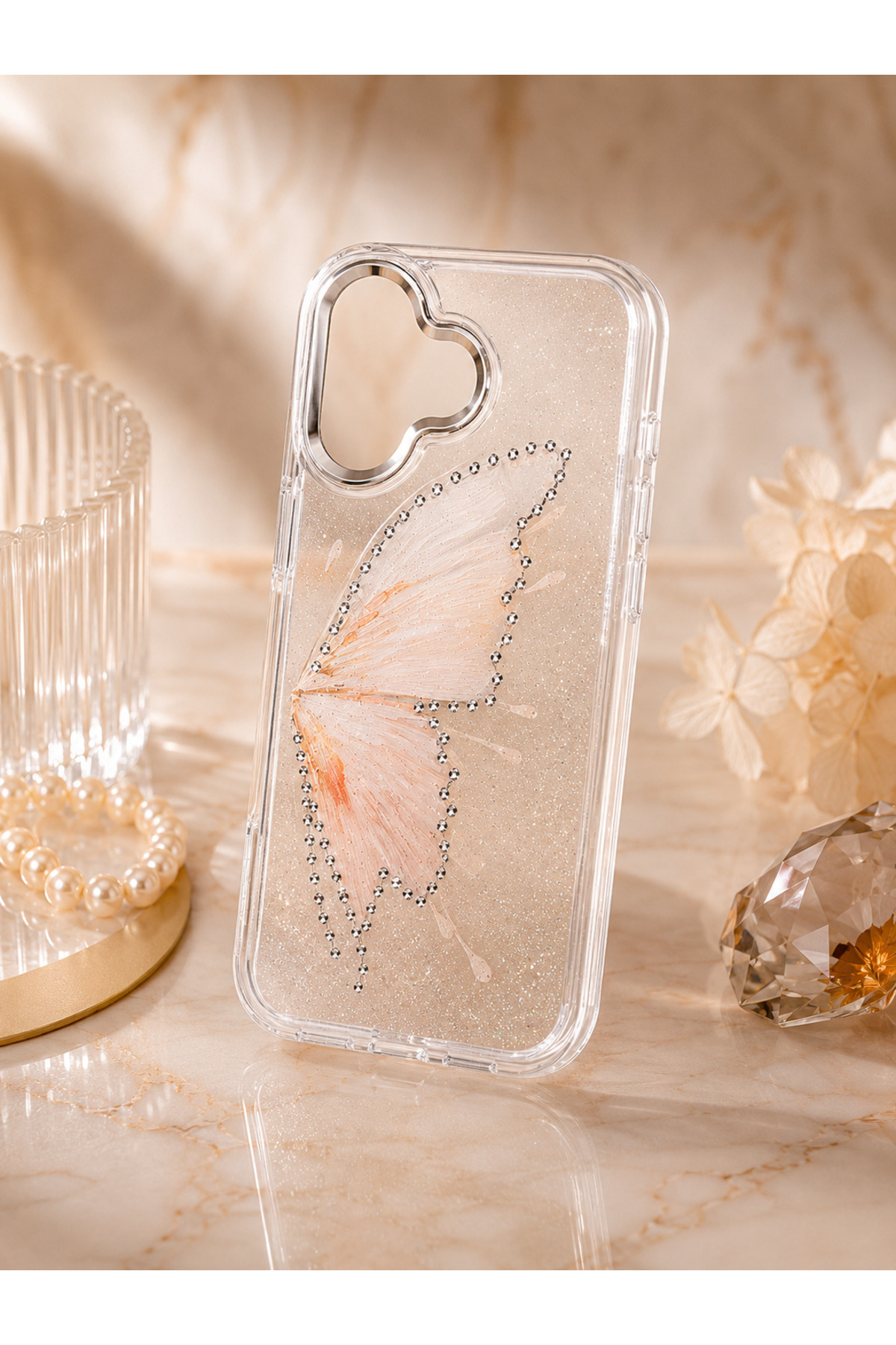Iphone 16 (6.1 inch) Compatible Silvery Transparent Butterfly Pattern Color Toggle Engraving Stone Detailed Metal Camera Shielded Hard Silicone Butterfly Case