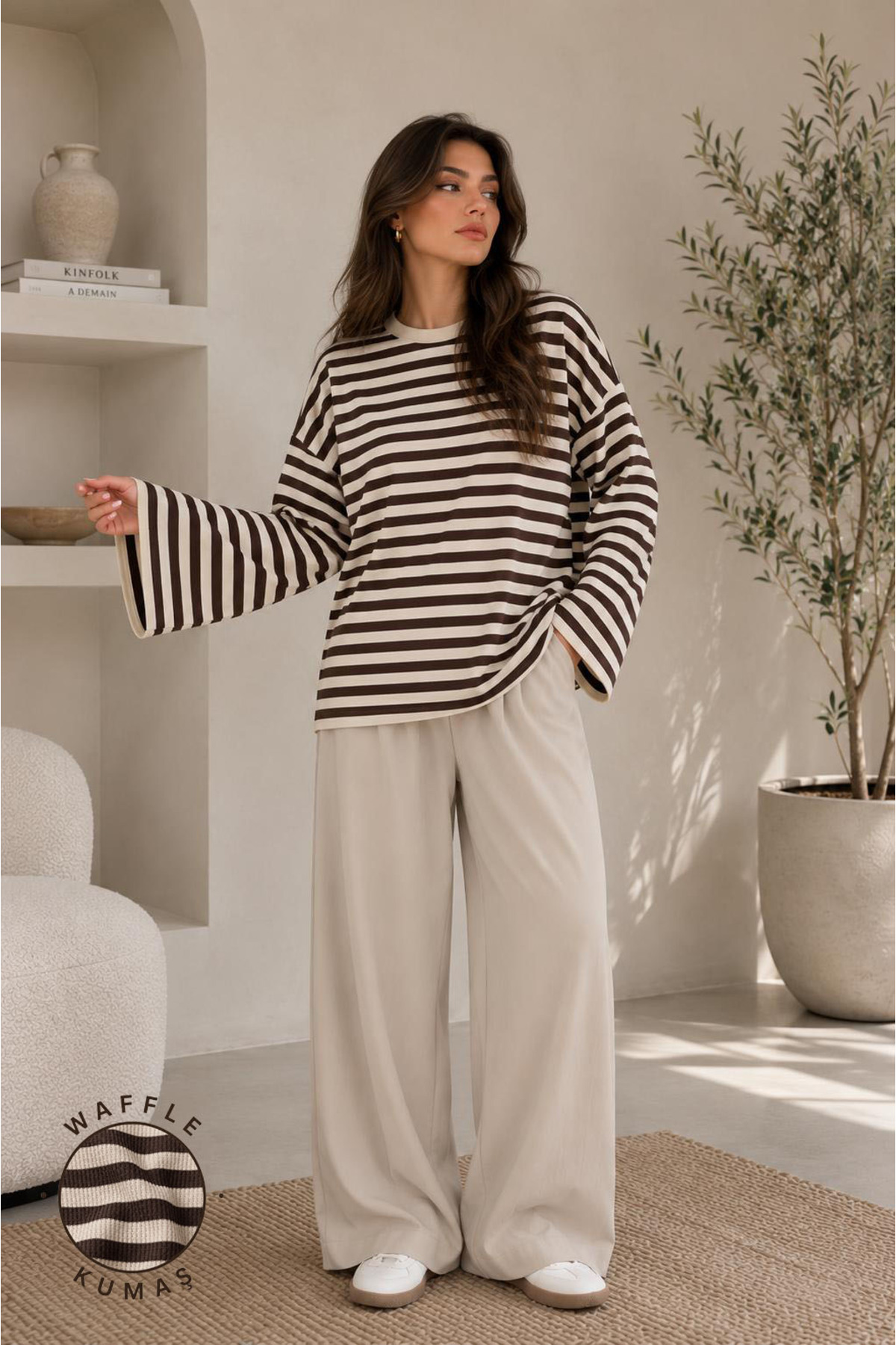 herkesemoda Çizgili Waffle Kumaş Kadın Body
