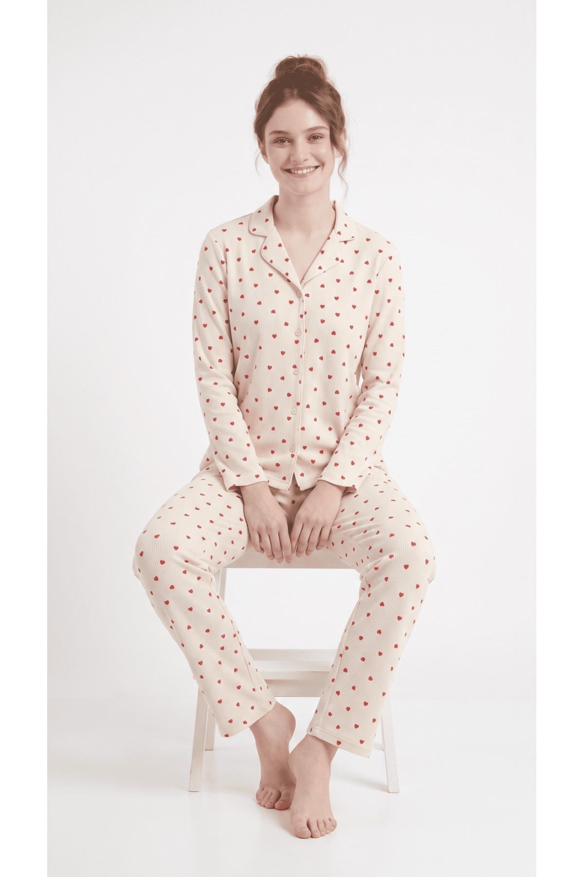 Generic Brands Buttoned front waffle fabric ecru heart pattern seasonal pajama set